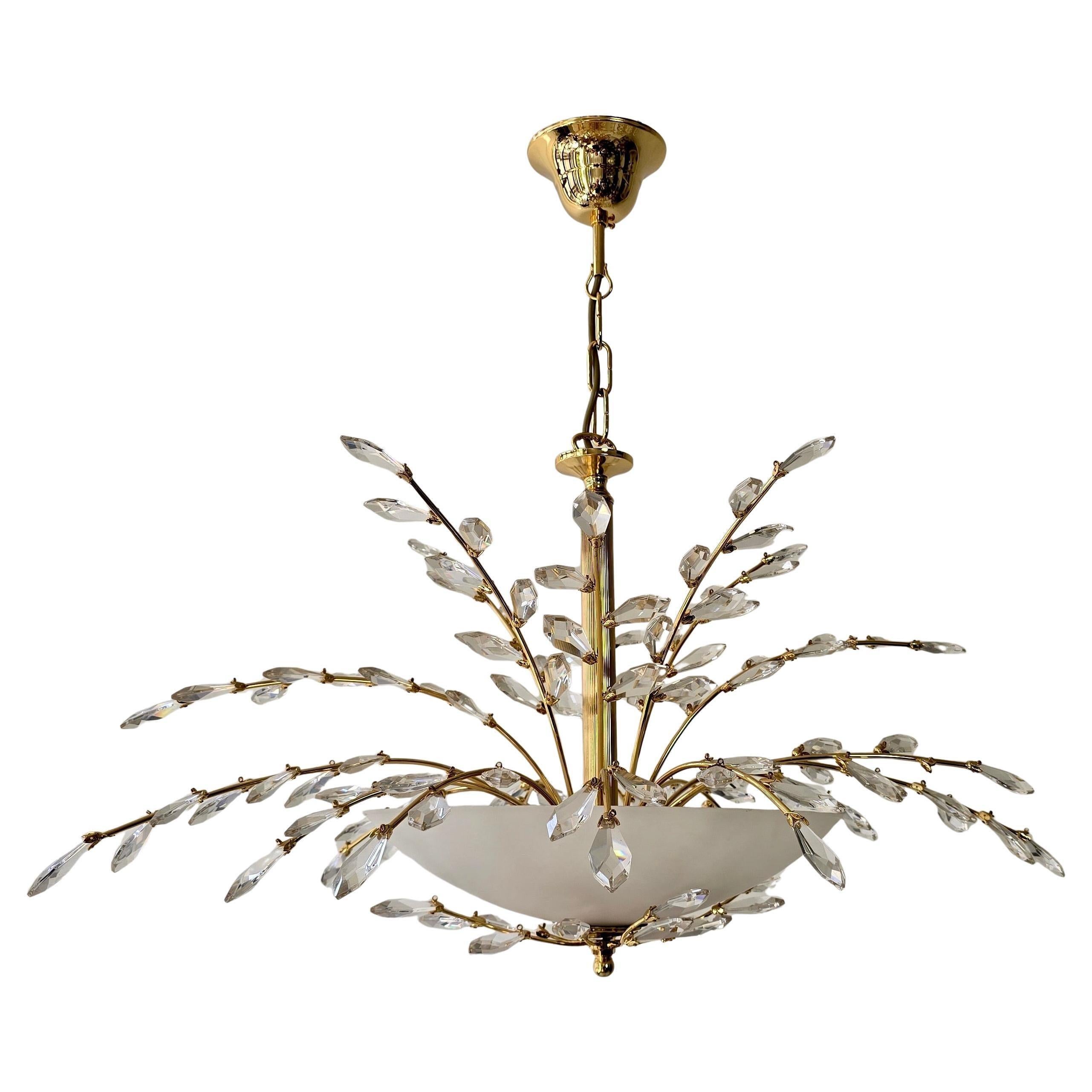 Two Oval Mid-Century Flush Mount Ceiling Lights in Brass, Crystal and Glass For Sale 1