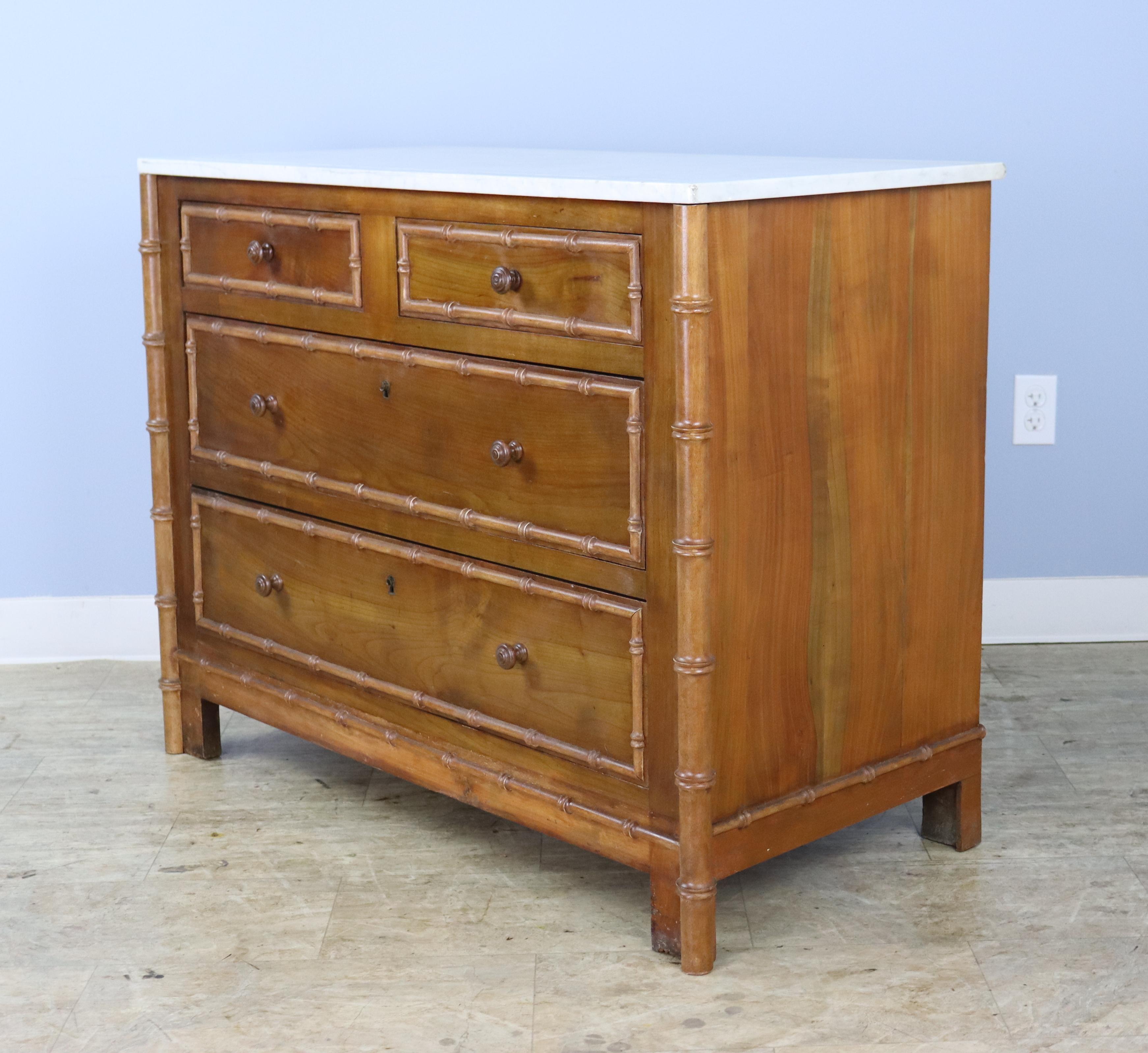 Two over Two Faux Bamboo Chest of Drawers with White Marble Top In Good Condition For Sale In Port Chester, NY