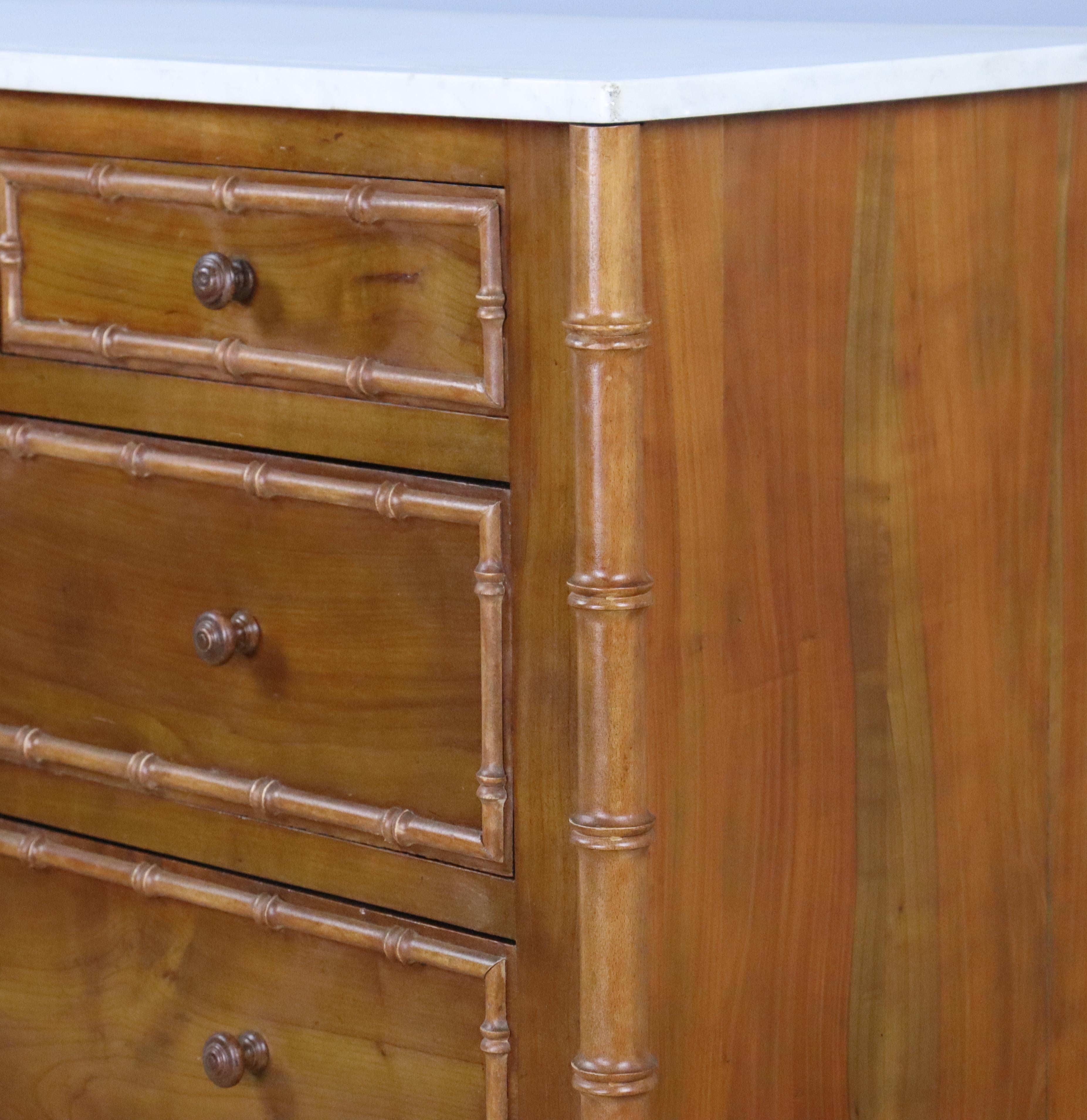 Two over Two Faux Bamboo Chest of Drawers with White Marble Top For Sale 2