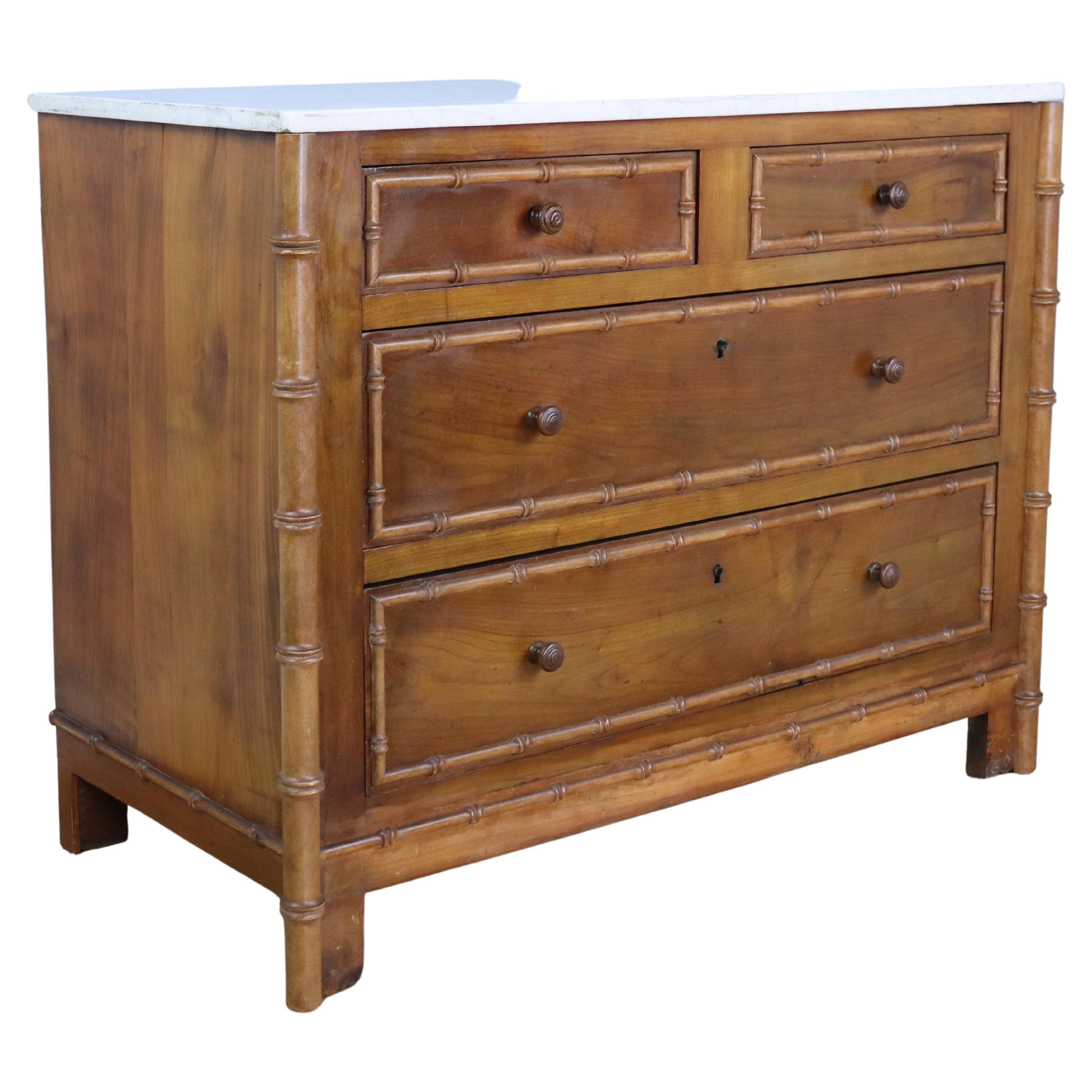 Two over Two Faux Bamboo Chest of Drawers with White Marble Top For Sale
