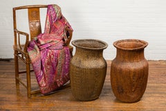 Two Oversized Chinese Rattan Grain Baskets with Flaring Necks, Sold Each