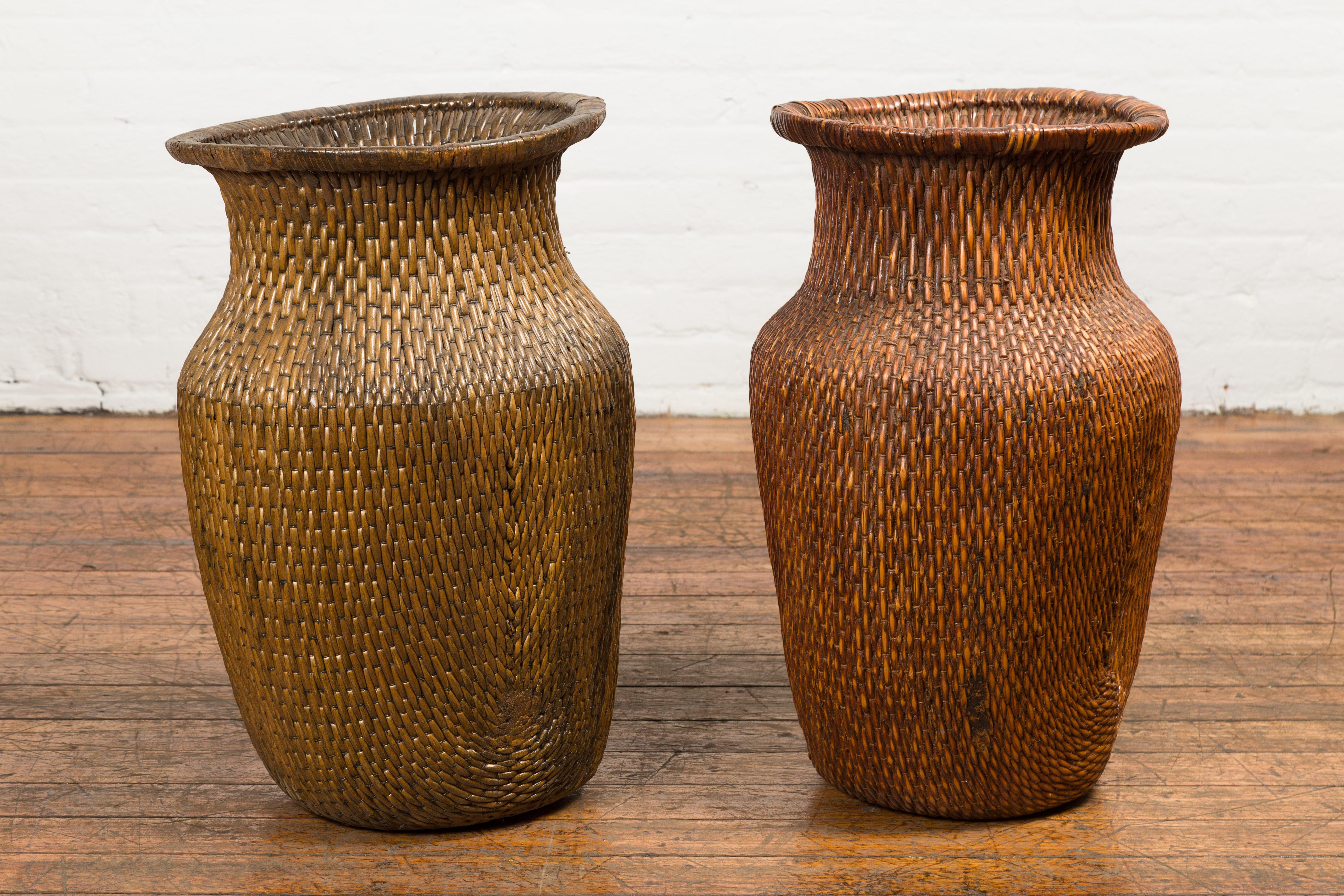 Hand-Woven Two Oversized Chinese Rattan Grain Baskets with Flaring Necks, Sold Each For Sale