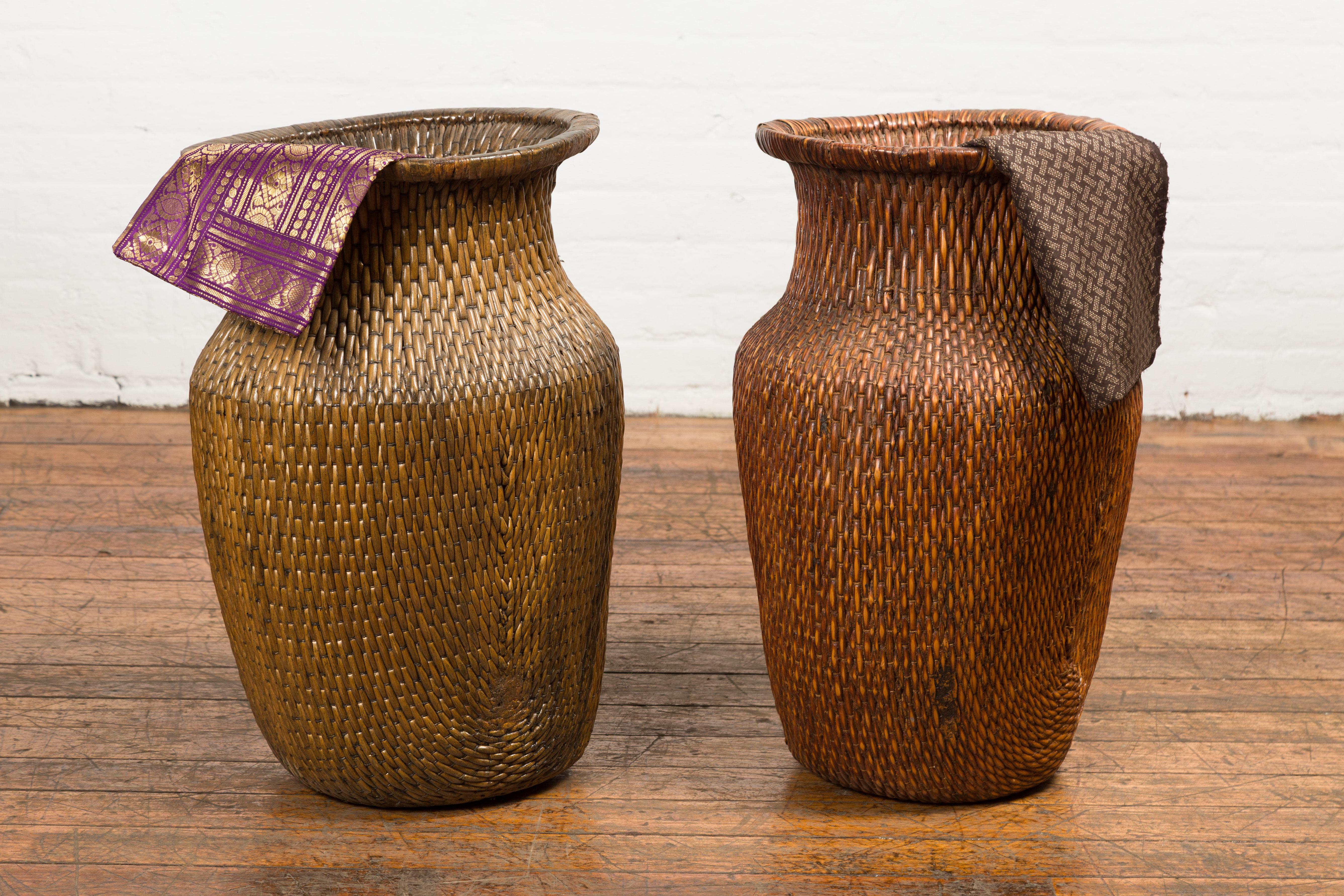 Two Oversized Chinese Rattan Grain Baskets with Flaring Necks, Sold Each In Good Condition For Sale In Yonkers, NY