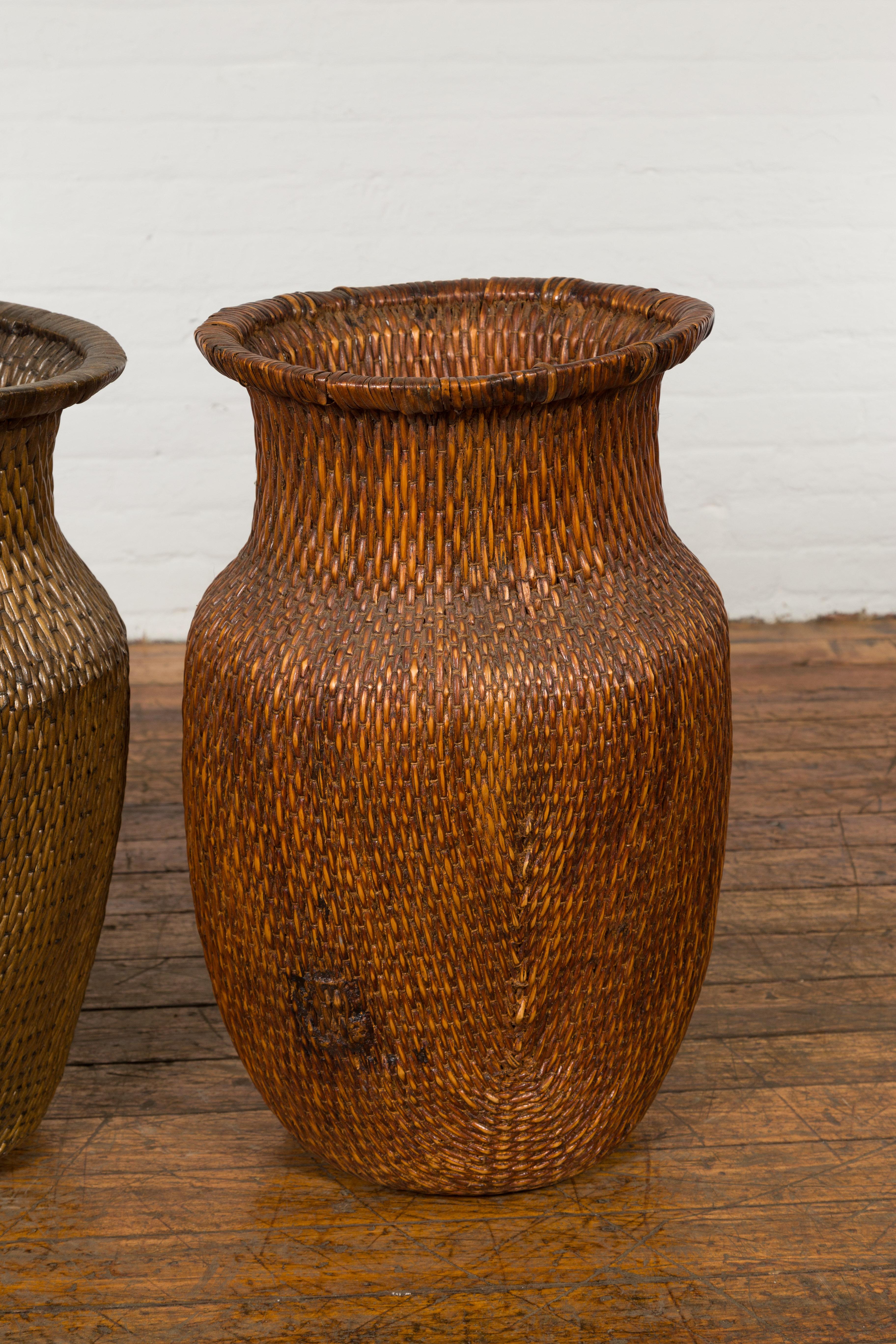 19th Century Two Oversized Chinese Rattan Grain Baskets with Flaring Necks, Sold Each For Sale