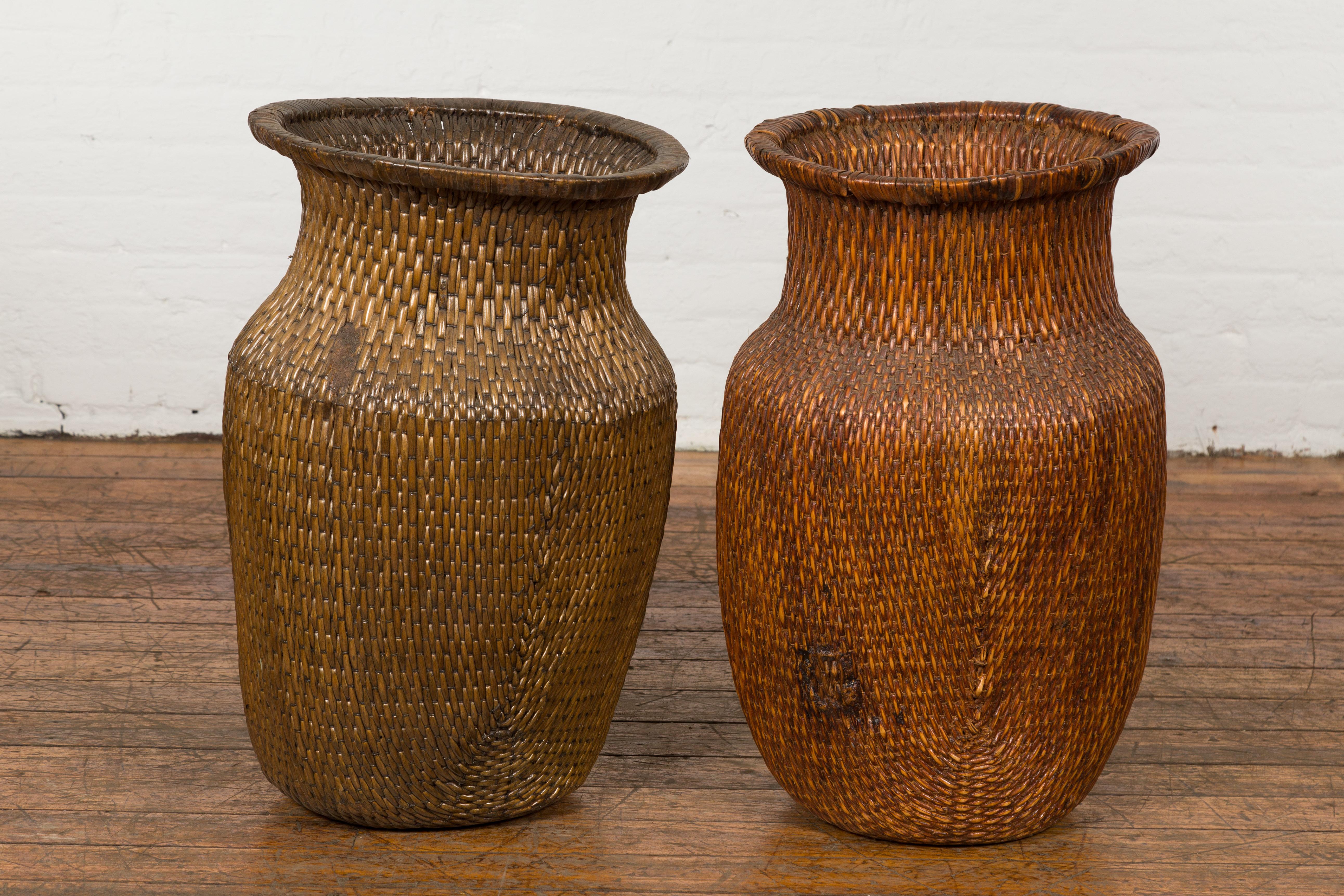 Two Oversized Chinese Rattan Grain Baskets with Flaring Necks, Sold Each For Sale 1
