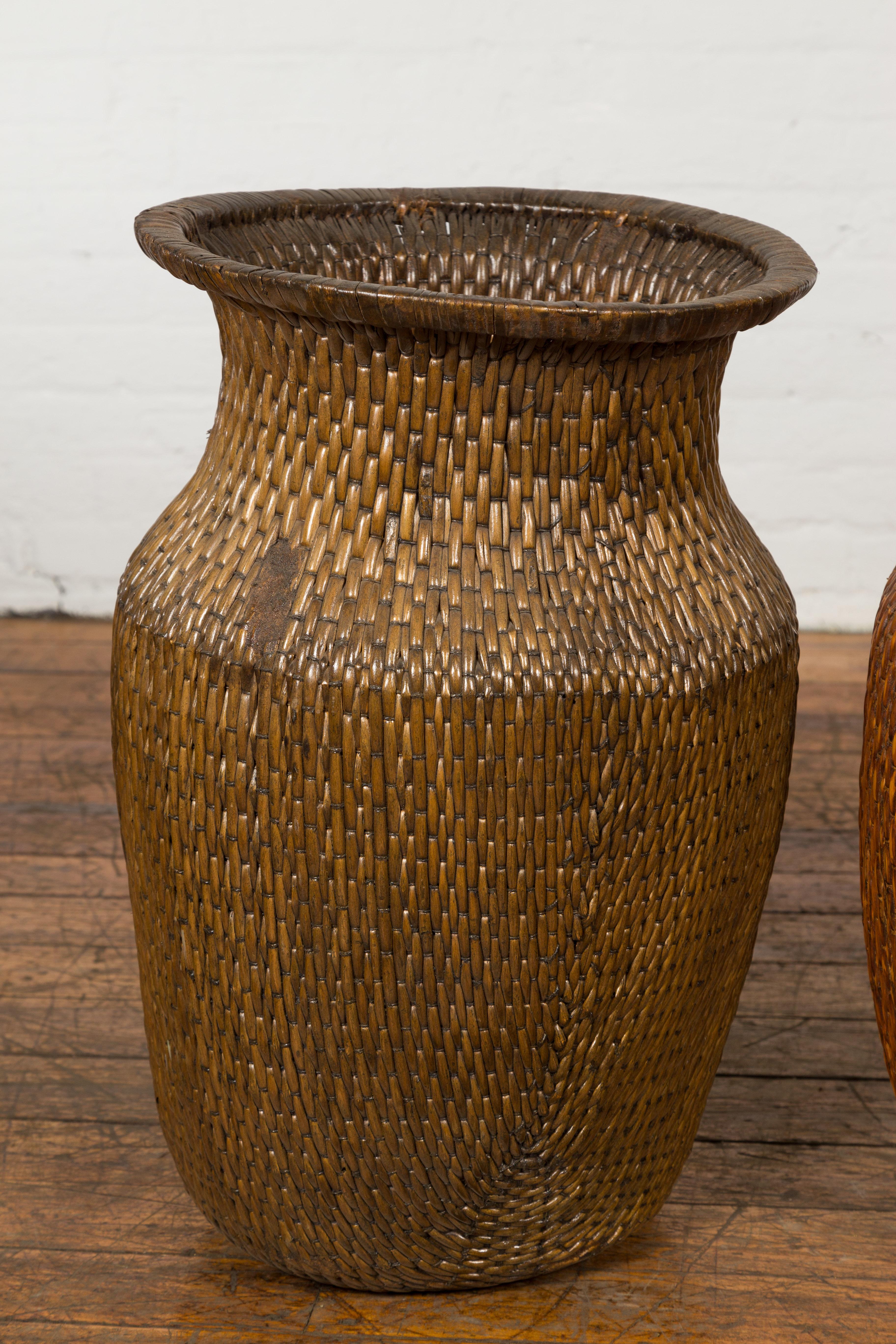 Two Oversized Chinese Rattan Grain Baskets with Flaring Necks, Sold Each For Sale 2