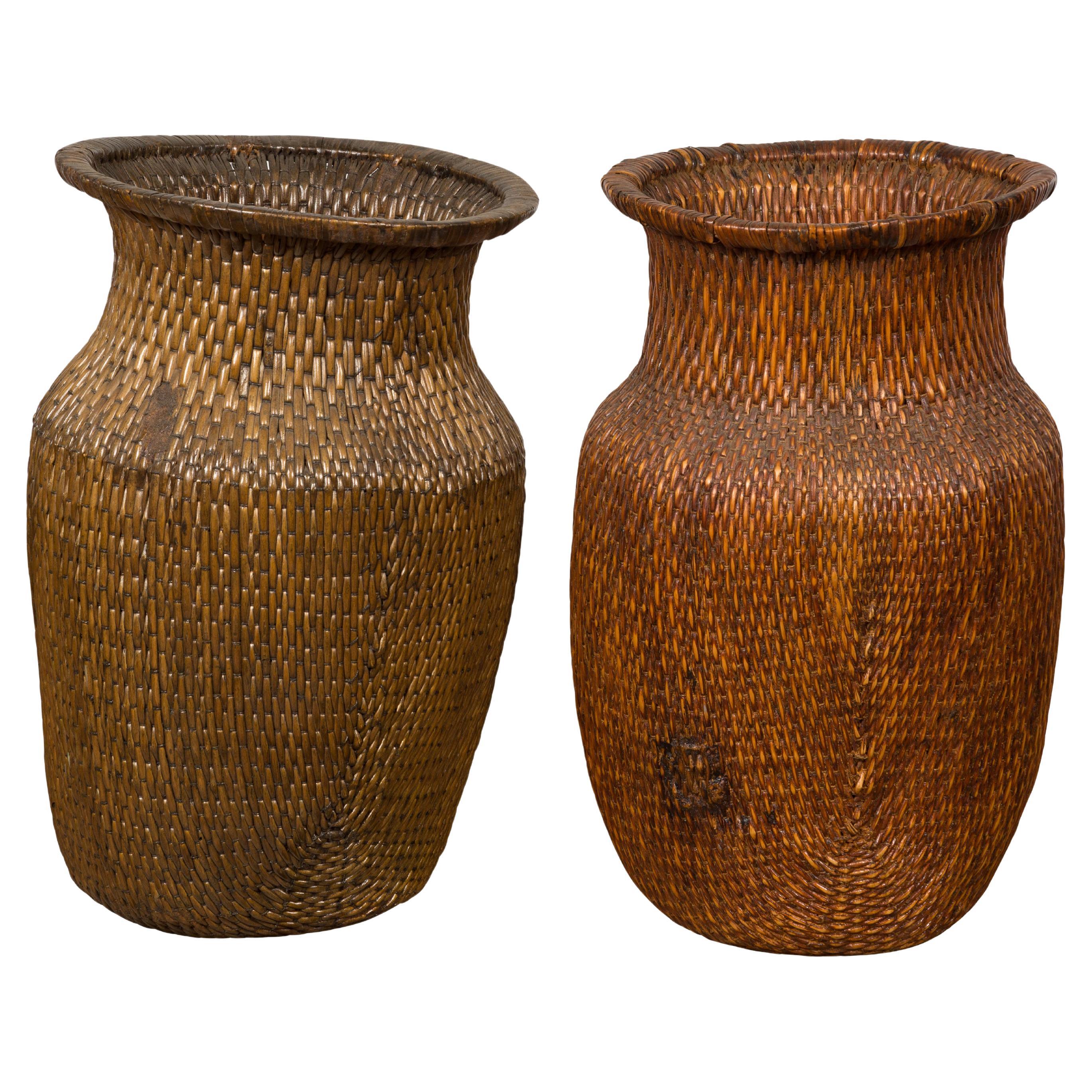 Two Oversized Chinese Rattan Grain Baskets with Flaring Necks, Sold Each