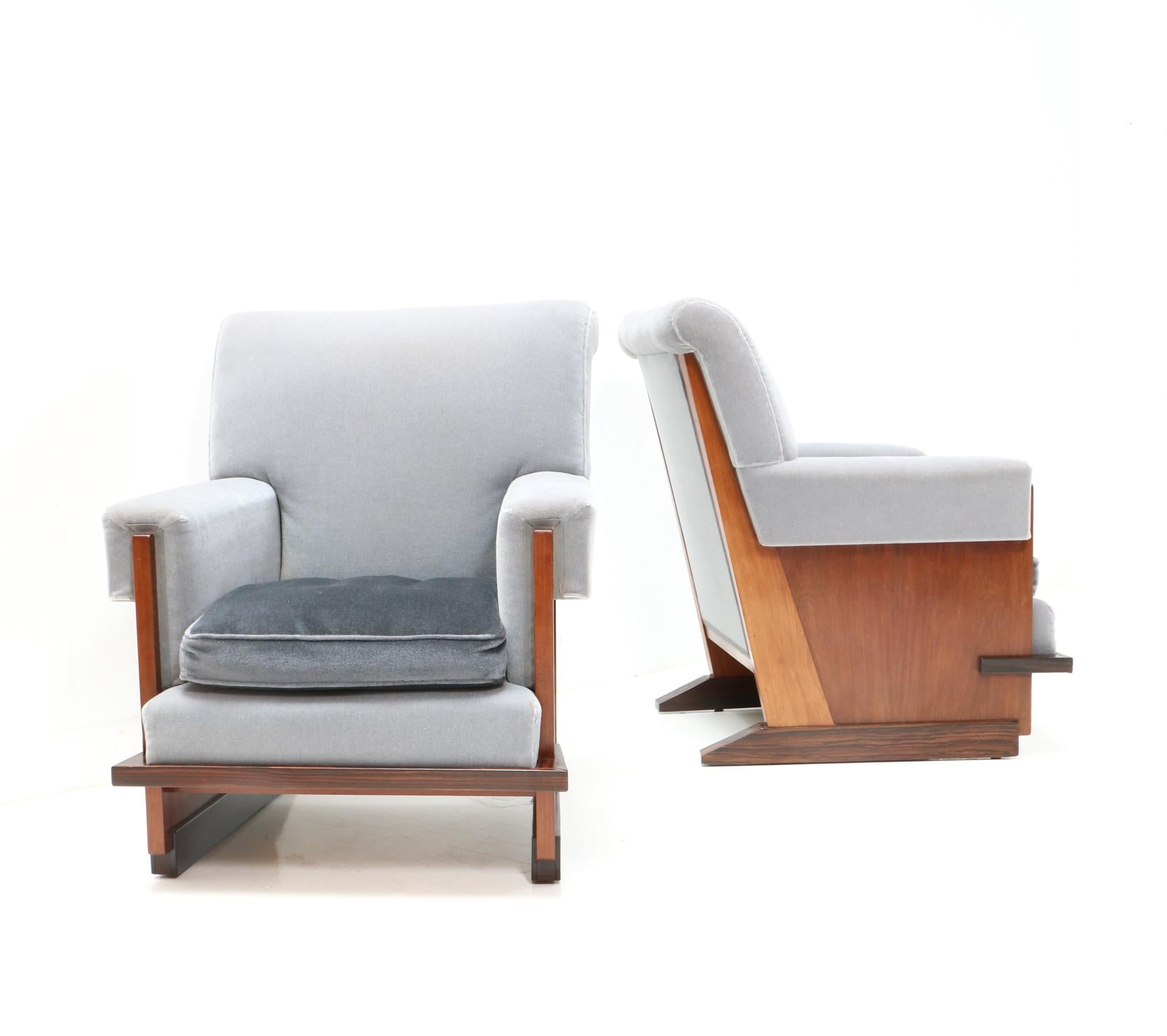 Fabric Two Padouk Art Deco Modernist Lounge Chairs by Hendrik Wouda for Pander, 1929