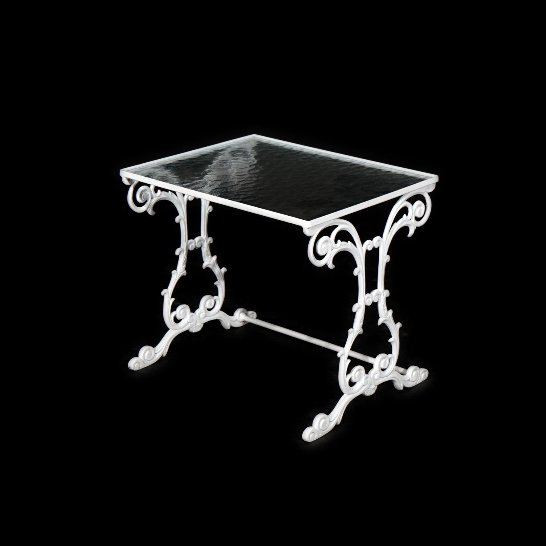 20th Century Two Painted Wrought Iron Glass Top Patio Side Tables 20th C For Sale