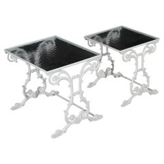 Two Painted Wrought Iron Glass Top Patio Side Tables 20th C