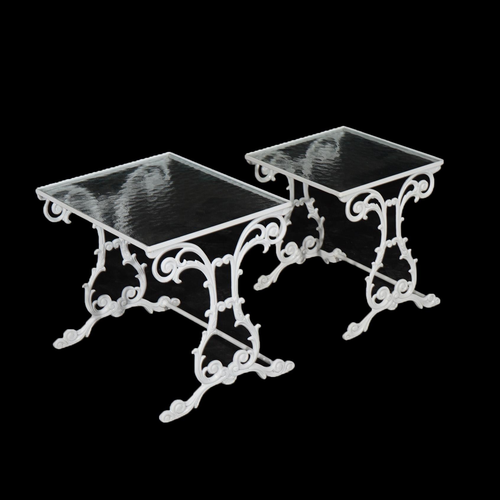 Two Painted Wrought Iron Glass Top Patio Side Tables 20th C For Sale