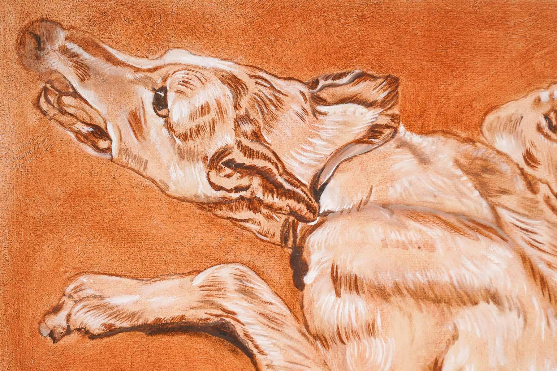 Deux peintures, Portrait de chien, XXème siècle.

Paire d'huiles sur toile du XXème siècle représentant des chiens.

Dimensions : h : 27cm, l : 35cm, d : 2cm