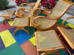 FOUR SETS British Colonial Planter's Chairs Campeche Chairs w/ Matching Ottomans