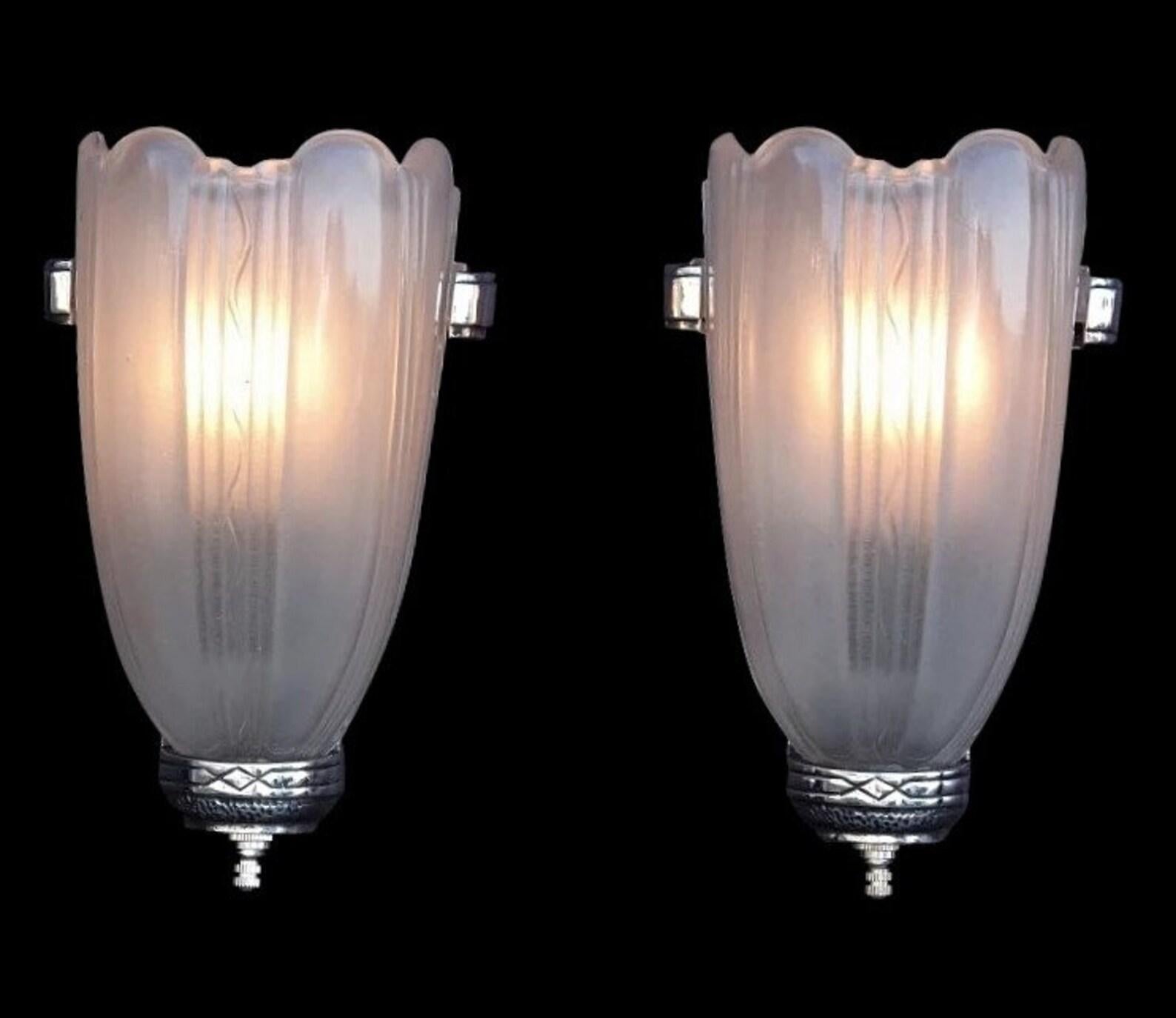 Polished 3 Pair Deco Streamline Sconces, c.1930, priced per pair.  Vintage lights For Sale