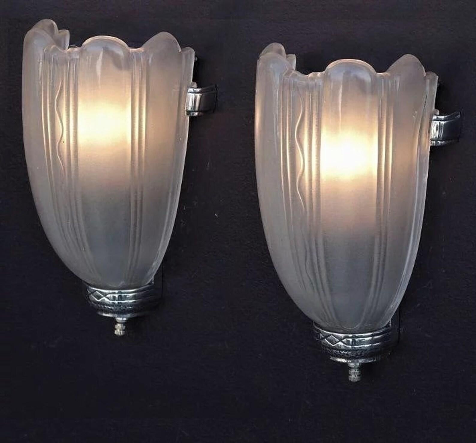 20th Century 3 Pair Deco Streamline Sconces, c.1930, priced per pair.  Vintage lights For Sale