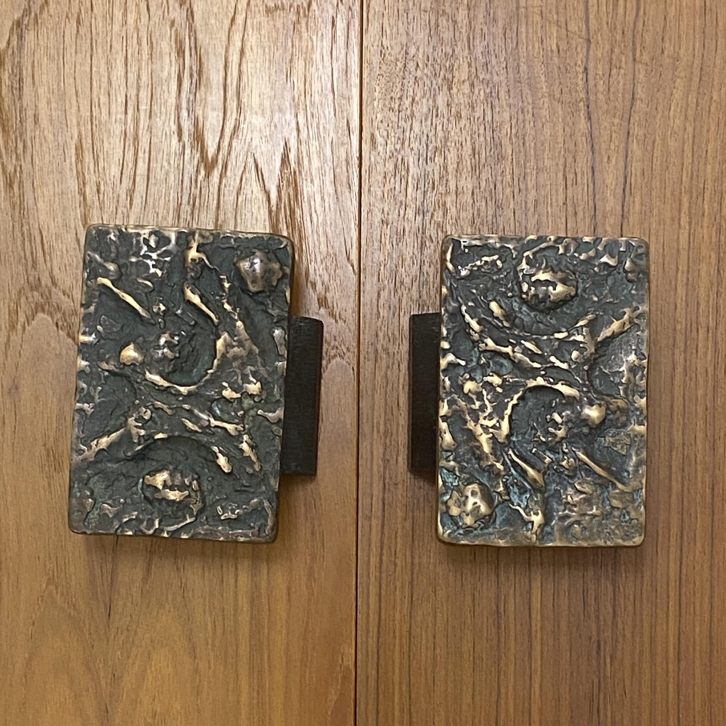 European Two Pair of Brutalist Bronze Push & Pull Door Handles with Abstract Relief For Sale