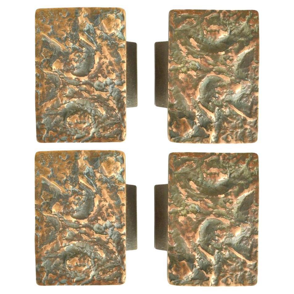 Two Pair of Brutalist Bronze Push & Pull Door Handles with Abstract Relief