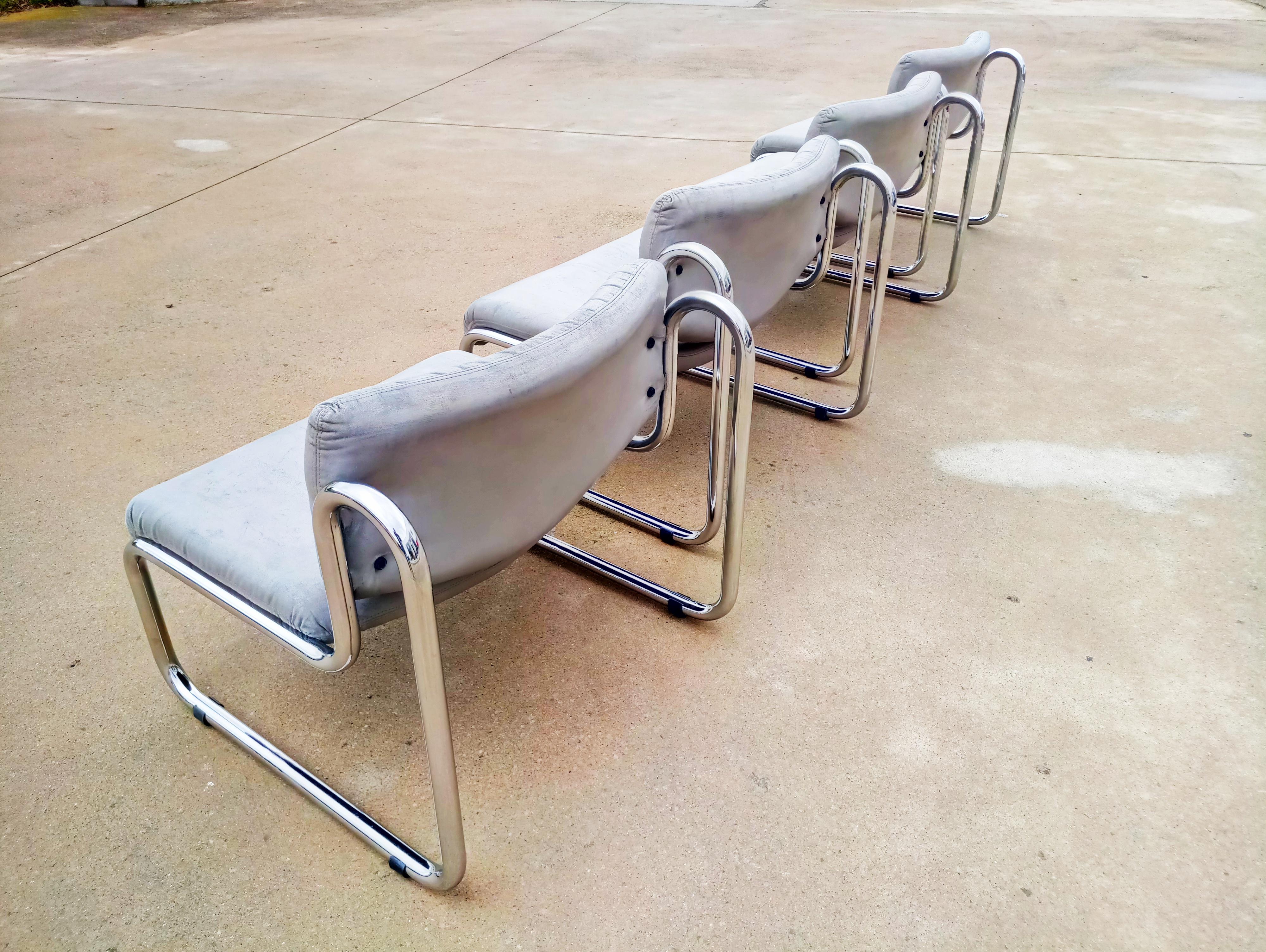 Italian Two Pair of Gray Leather Lounge Armchairs, Italy, 1970