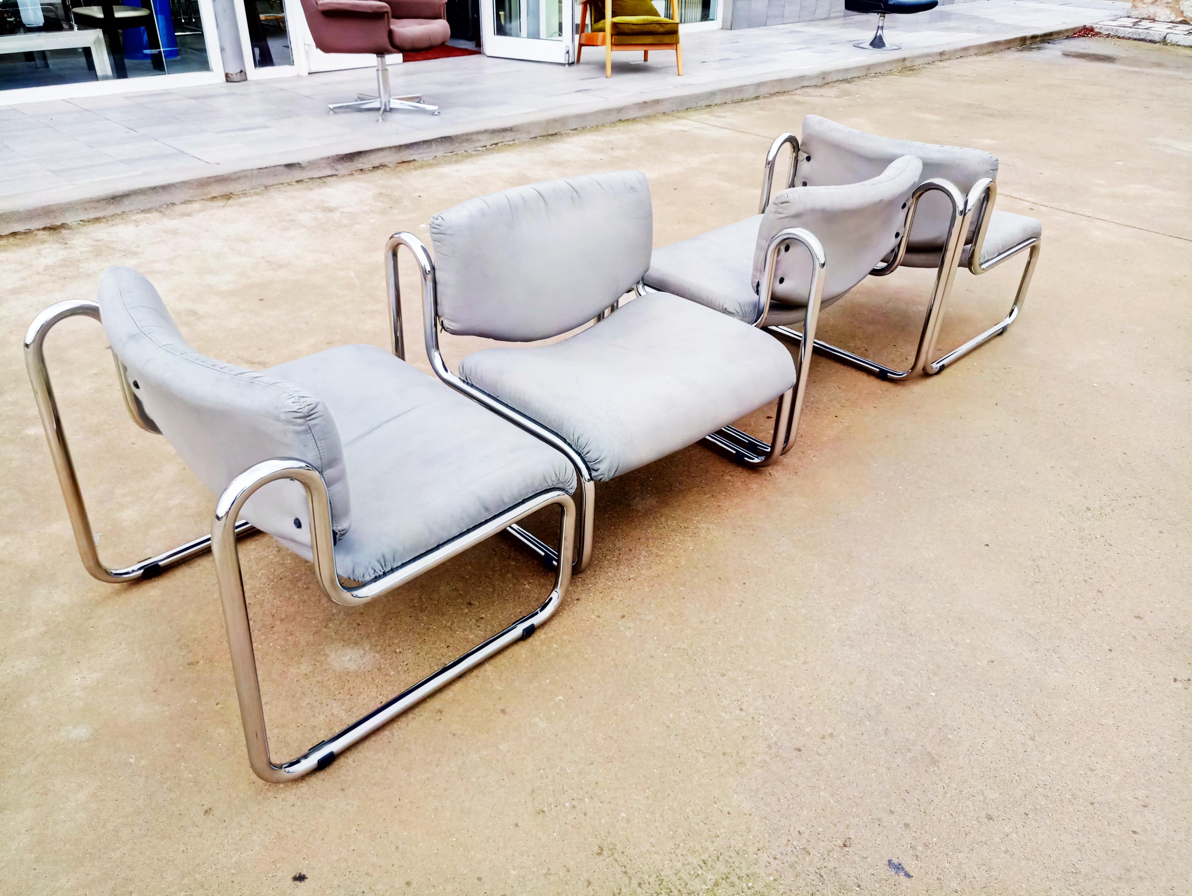 Two Pair of Gray Leather Lounge Armchairs, Italy, 1970 4