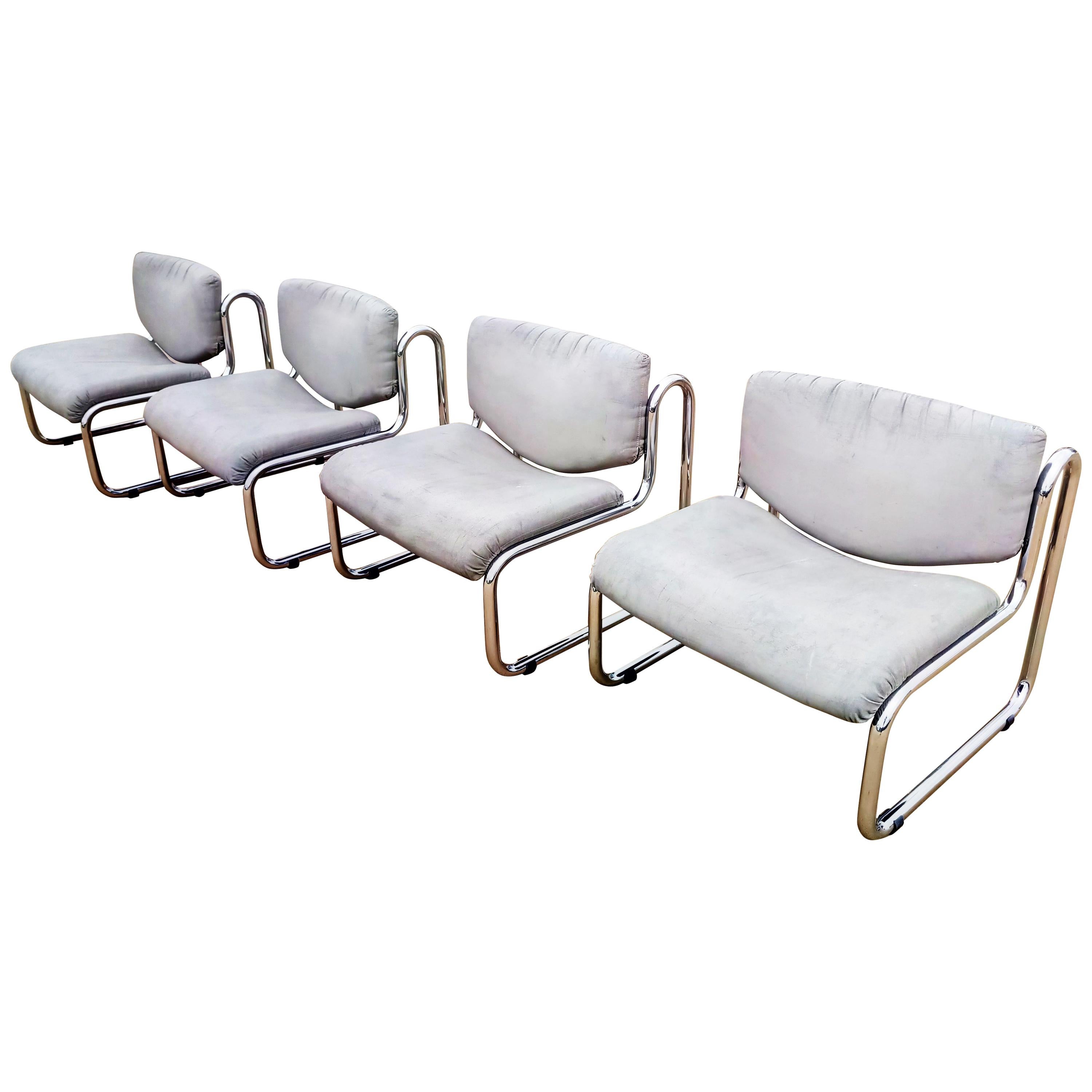 Two Pair of Gray Leather Lounge Armchairs, Italy, 1970