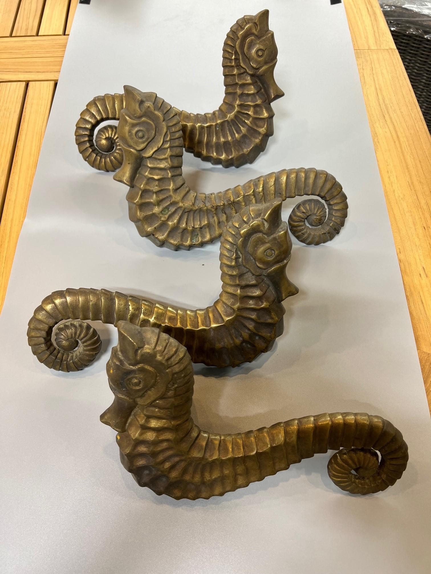 American Two Pair of Massive Late 20th Century Antique Bronze Seahorse Door Handles    For Sale