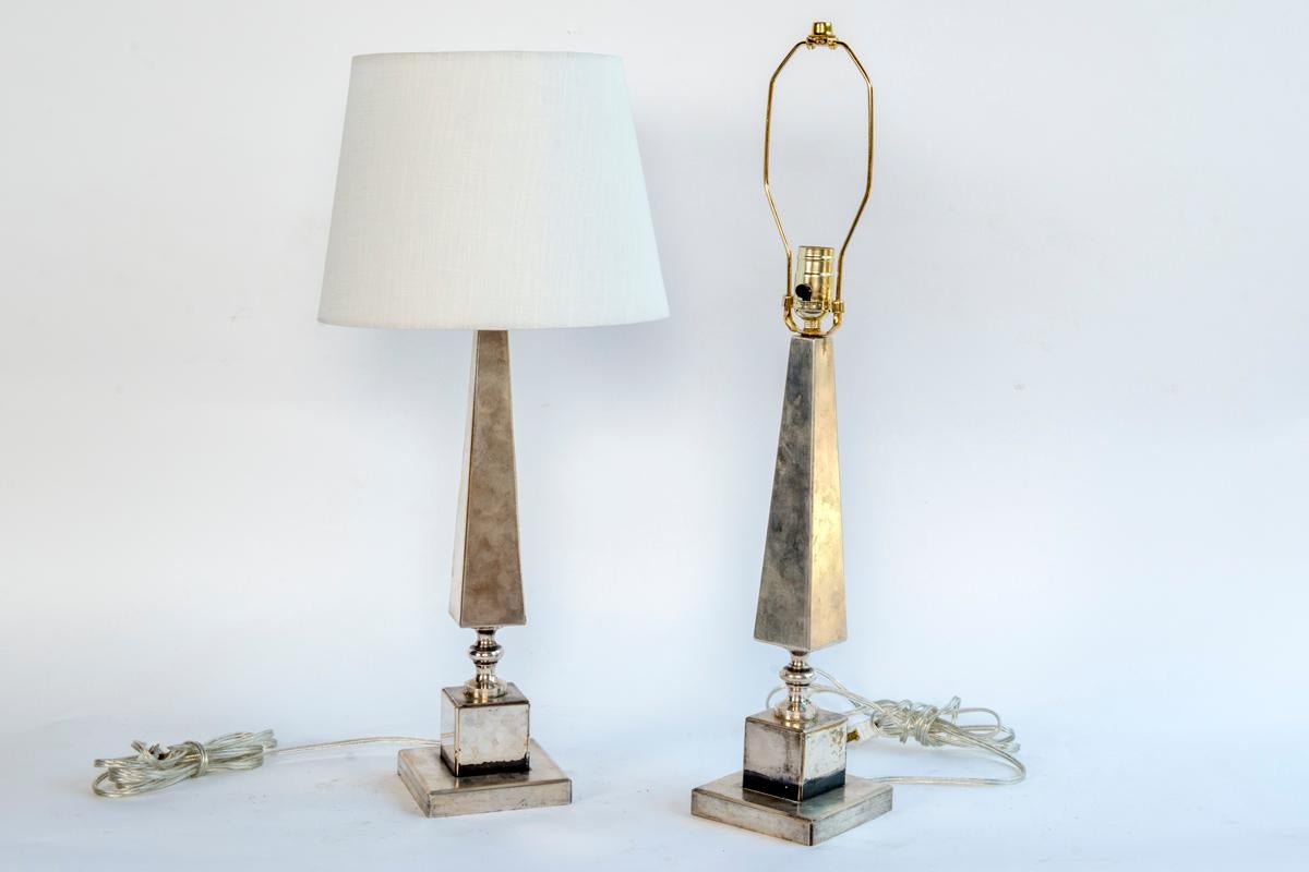 Metal A Pair of Silver Plated Pyramid Table Lamps Sold in Pairs.