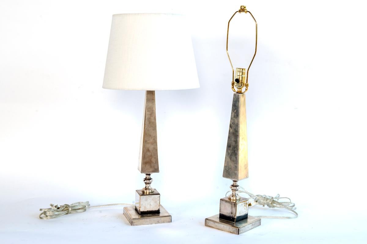 A Pair of Silver Plated Pyramid Table Lamps Sold in Pairs. 1