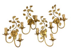 Two Pair of Two-Light Tole Sconces Gilded Metal, Italy, 1960s