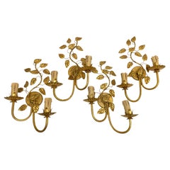 Two Pair of Two-Light Tole Sconces Gilded Metal, Italy, 1960s