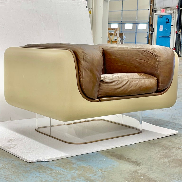 Pair of space age lounge chairs designed by William Clifford Andrus and produced by Steelcase in 1972 for the Soft Seating Group. 
Seat width 19”. Seat depth 22”. 
These won the top design award for institutional furniture and innovative use of