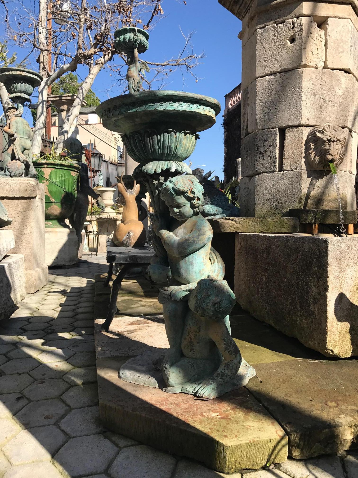 Two Pairs Bronze Garden Jardiniere Angelo Statue Holding Urn Planters LA antique 5
