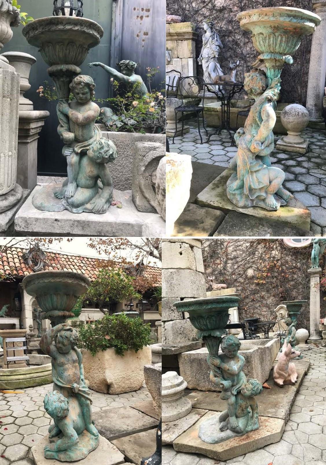 Very nicely done late 19th century cast bronze garden putties jardinière
The figures of two Angelo's at play holding a vase urn . children at play cherub or a cupid in Renaissance art . They could be used around the pool area or mounted on a