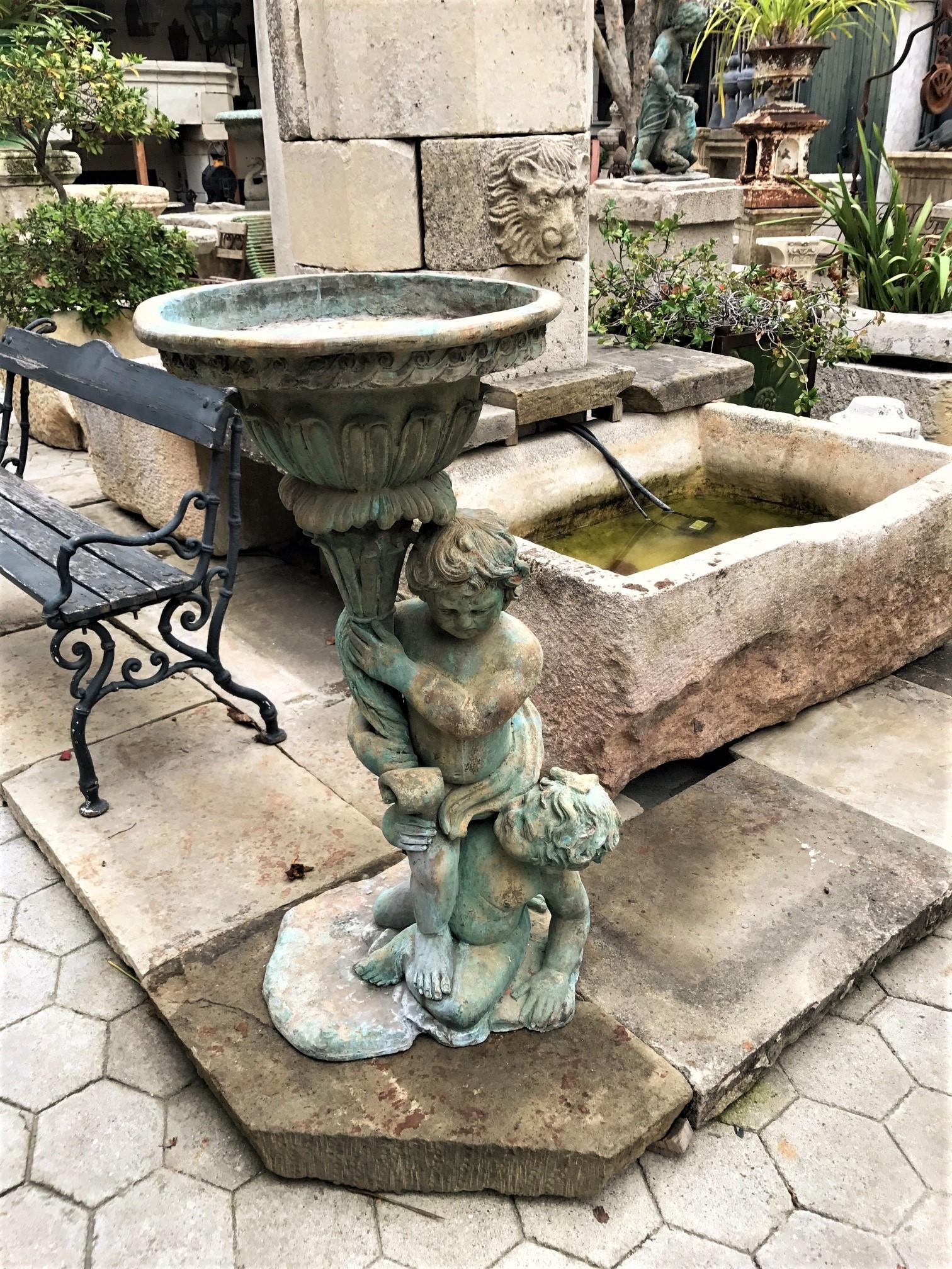 Two Pairs Bronze Garden Jardiniere Angelo Statue Holding Urn Planters LA antique In Good Condition In West Hollywood, CA