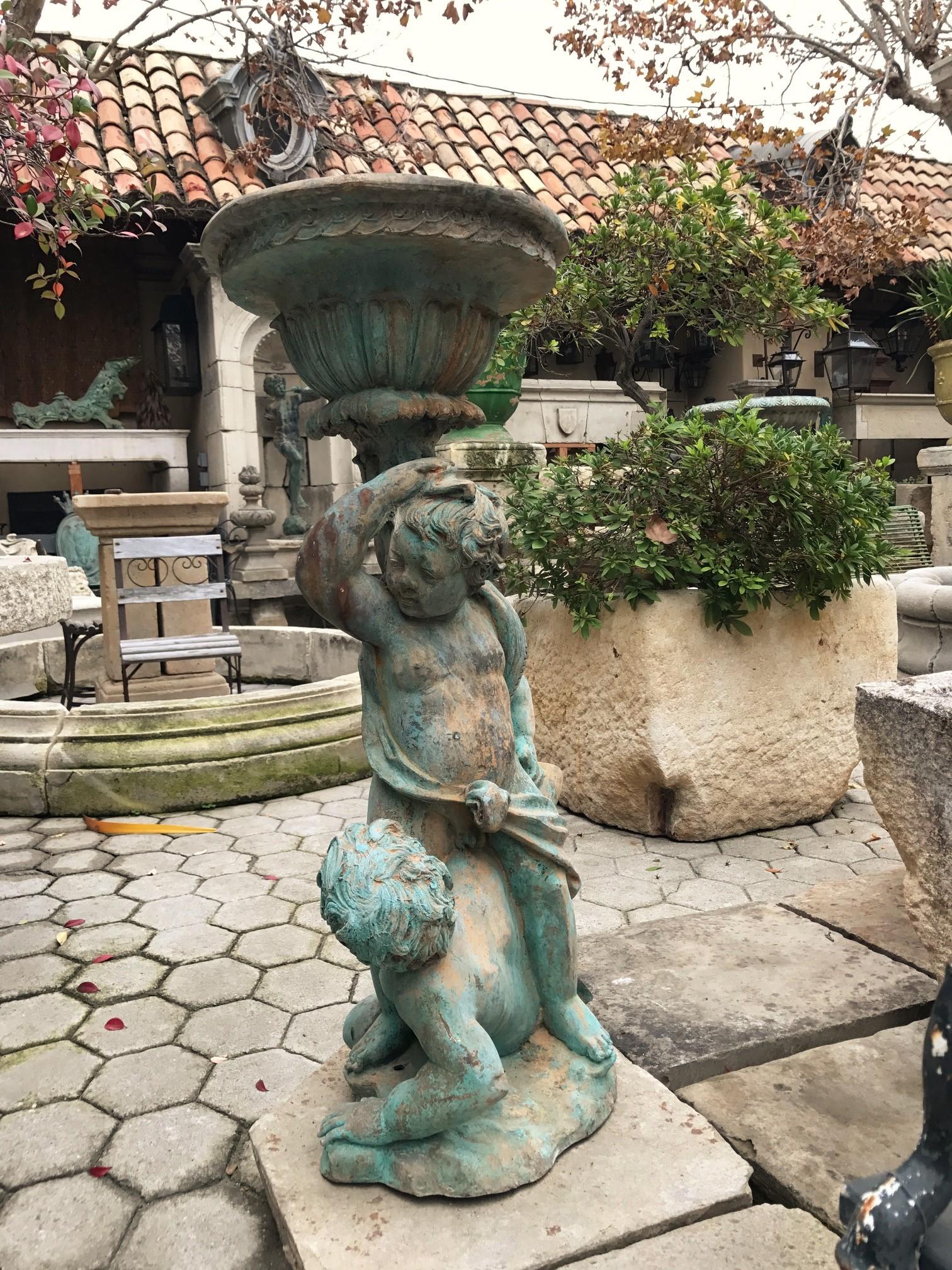 Two Pairs Bronze Garden Jardiniere Angelo Statue Holding Urn Planters LA antique 1