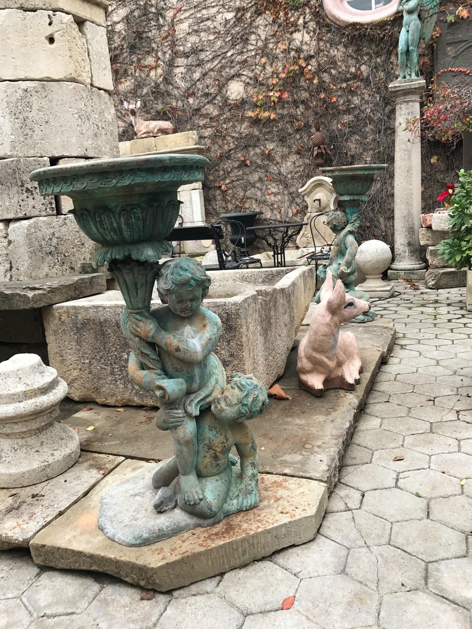 Two Pairs Bronze Garden Jardiniere Angelo Statue Holding Urn Planters LA antique 2