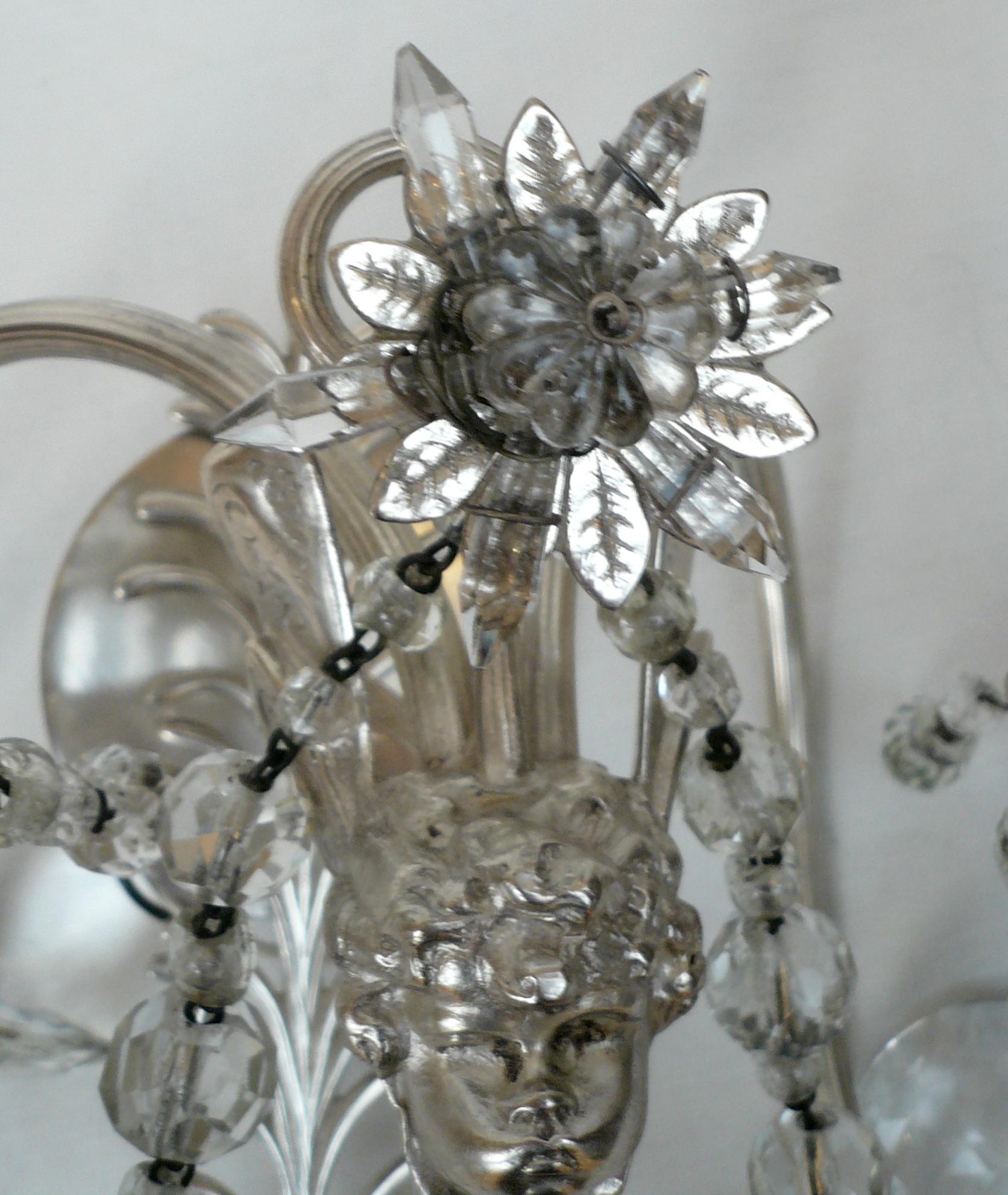 Two Pairs E. F. Caldwell Silvered Bronze and Crystal Winged Putti Sconces For Sale 7
