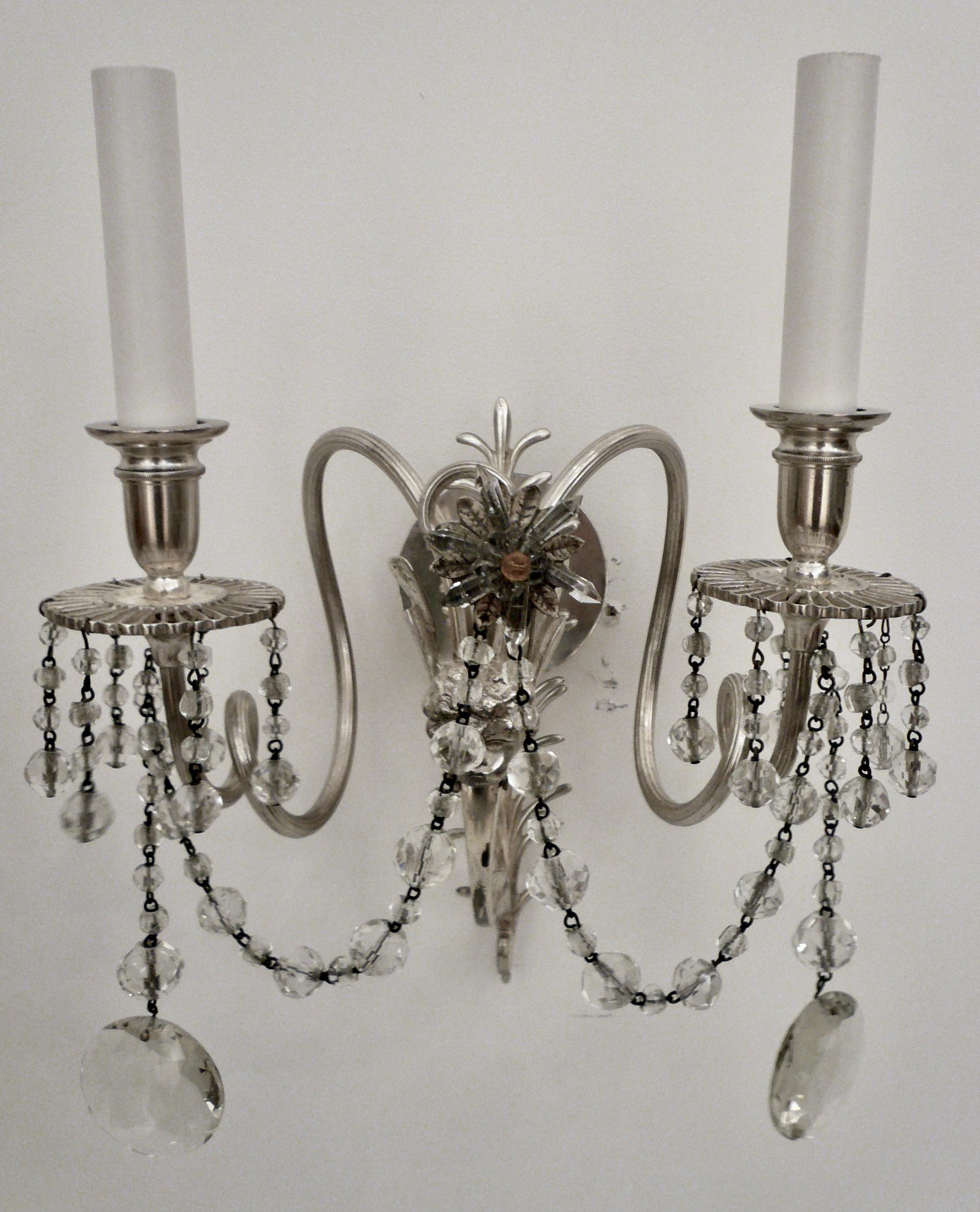 Louis XV Two Pairs E. F. Caldwell Silvered Bronze and Crystal Winged Putti Sconces For Sale