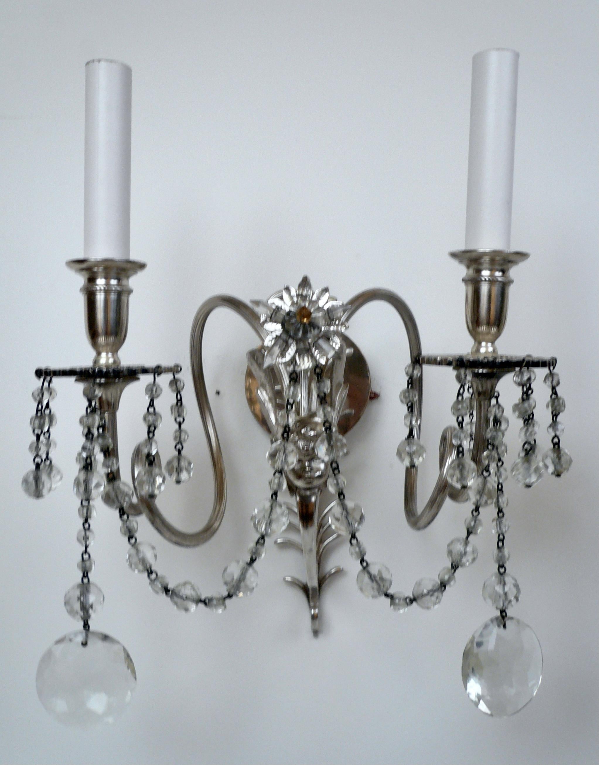 20th Century Two Pairs E. F. Caldwell Silvered Bronze and Crystal Winged Putti Sconces For Sale