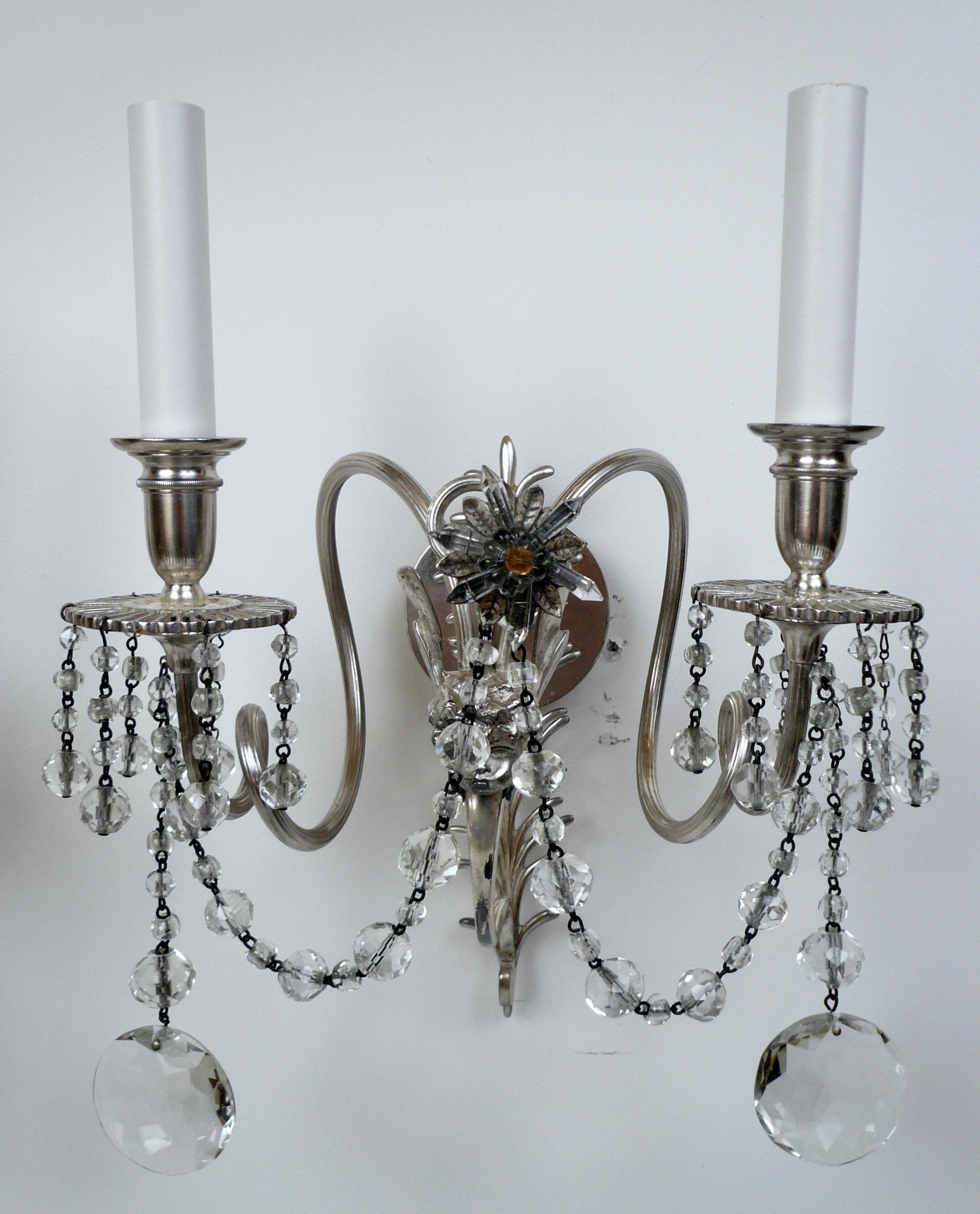 Two Pairs E. F. Caldwell Silvered Bronze and Crystal Winged Putti Sconces For Sale 1