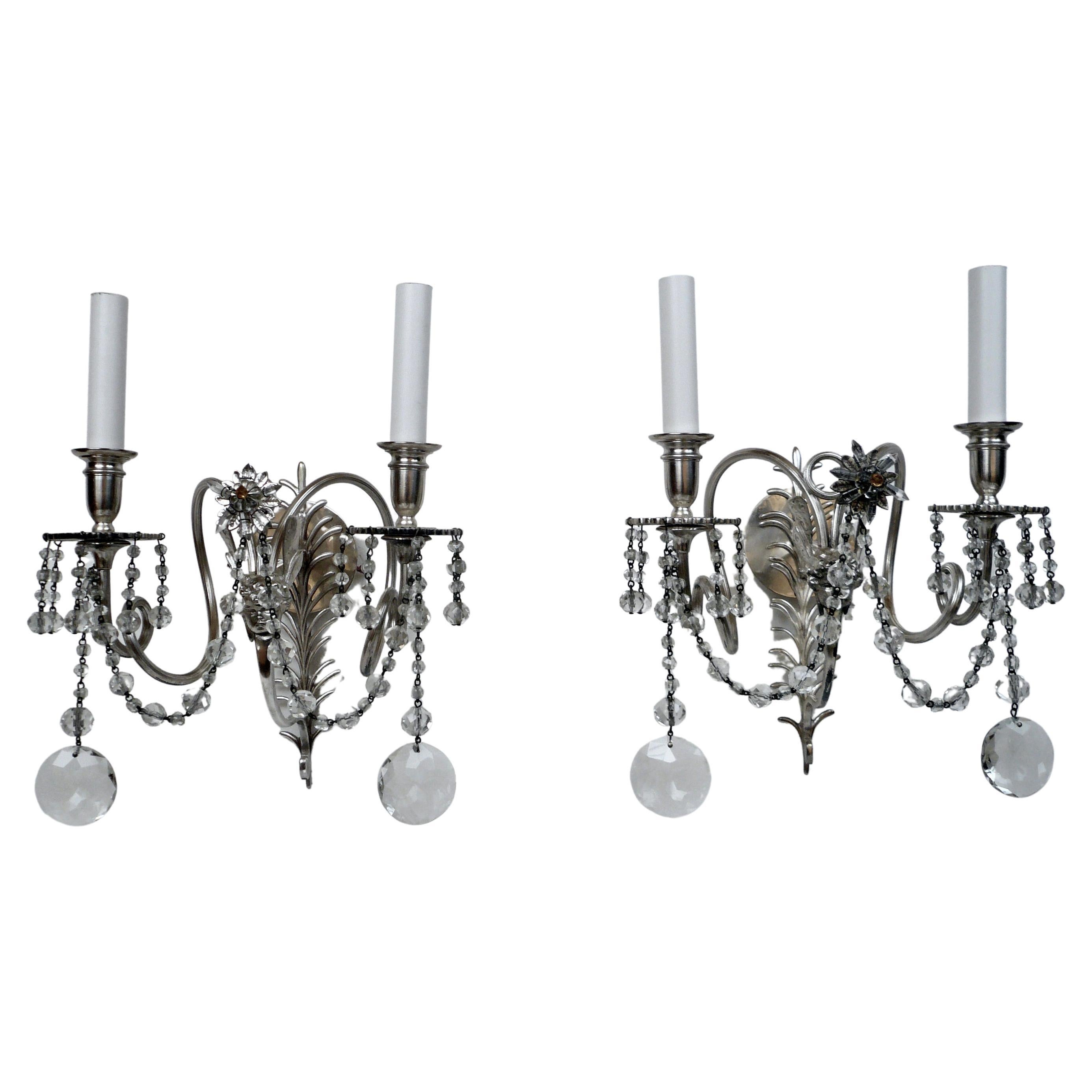 Two Pairs E. F. Caldwell Silvered Bronze and Crystal Winged Putti Sconces For Sale