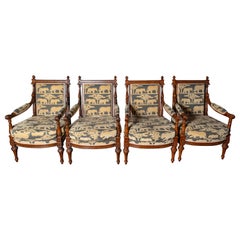 Two Pairs French Carved Walnut Arm Chairs, Velvet Animal Fabric