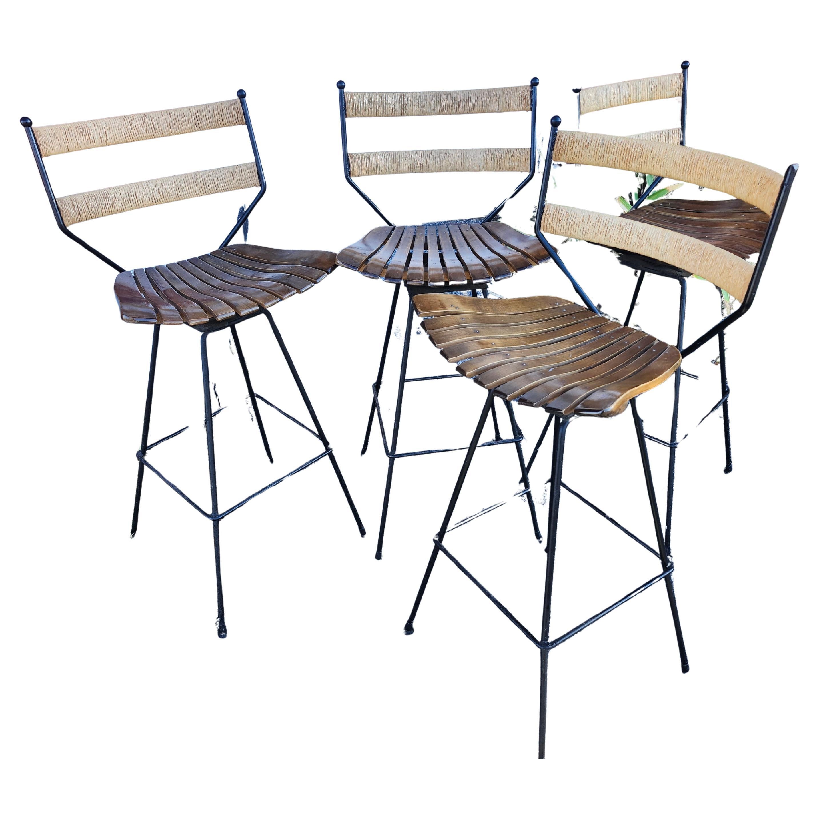 Two Pairs Mid-Century Modern Counter or Bar Stools Maple Iron & Raffia Umanoff