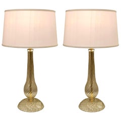 Two Pairs Mid-Century Modern Style Murano Venetian Clear Gold Glass Table Lamps