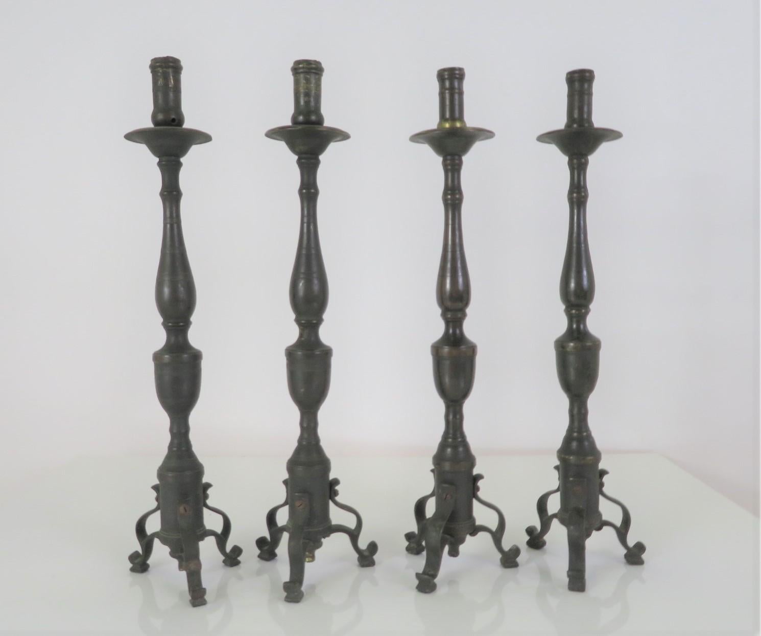 Italian Two Pairs Neapolitan 18th C. Late Baroque Bronze Candlesticks