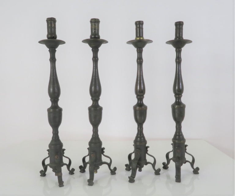 Italian Two Pairs Neapolitan 18th C. Late Baroque Bronze Candlesticks For Sale