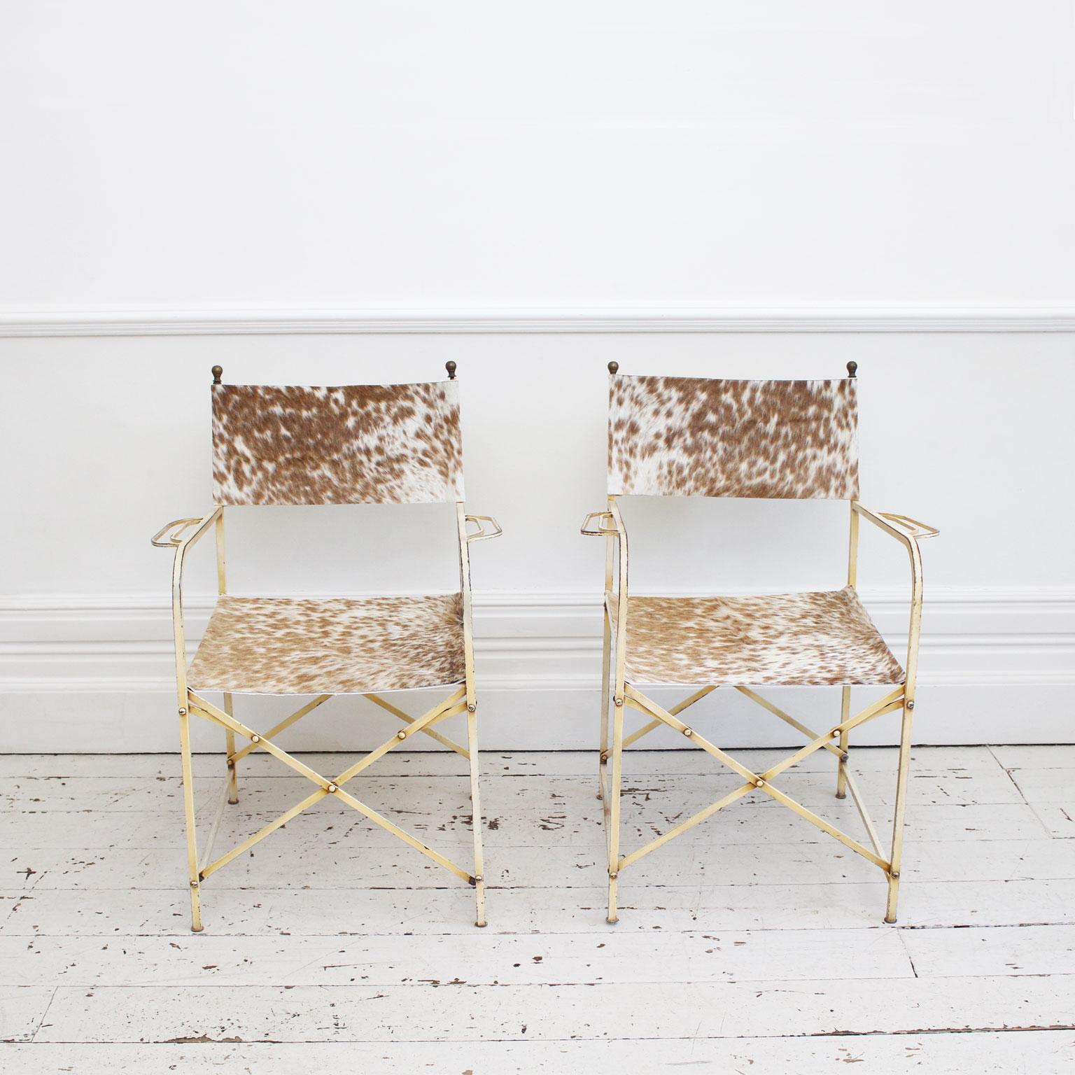 A Pair of 1930s French Riviera Cowhide Directors Chairs For Sale 6