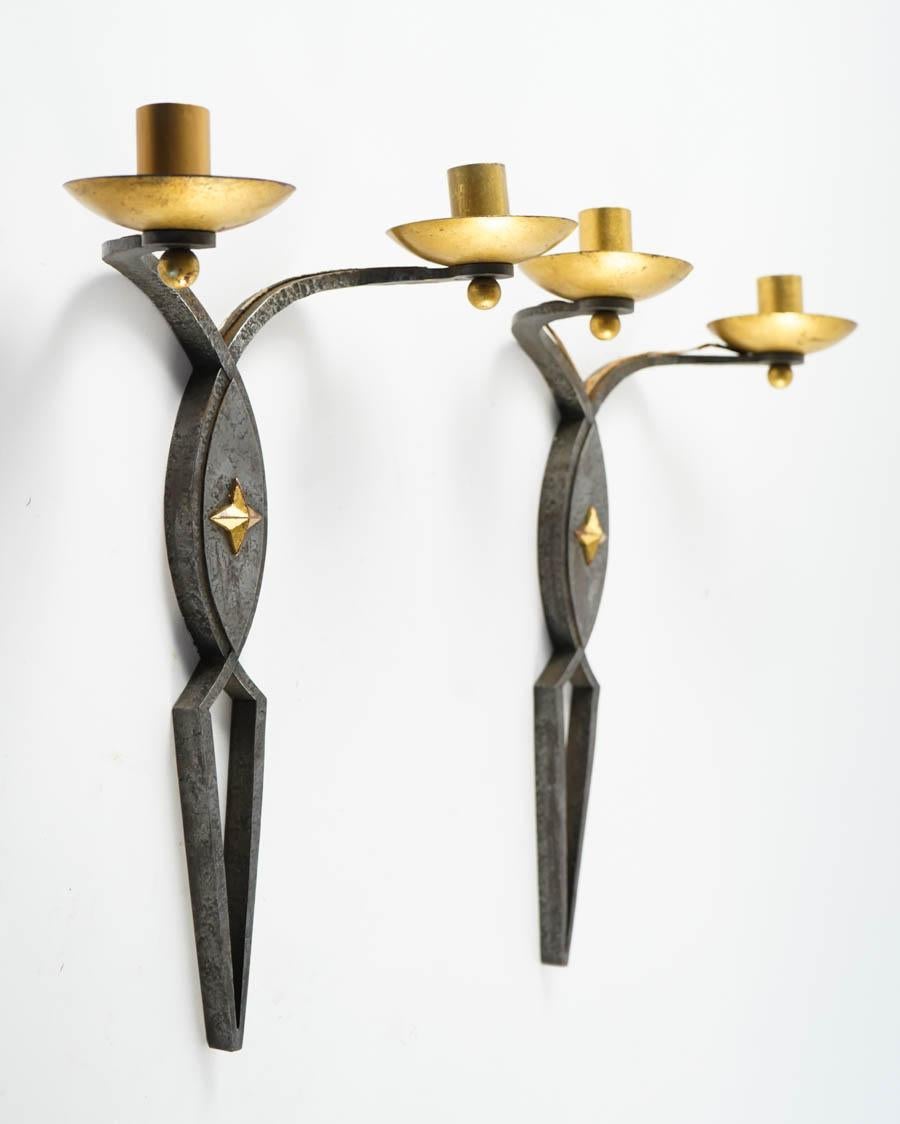 Wrought Iron Two Pairs of 1940s Wall Lights, in the Taste of Poillerat, France For Sale