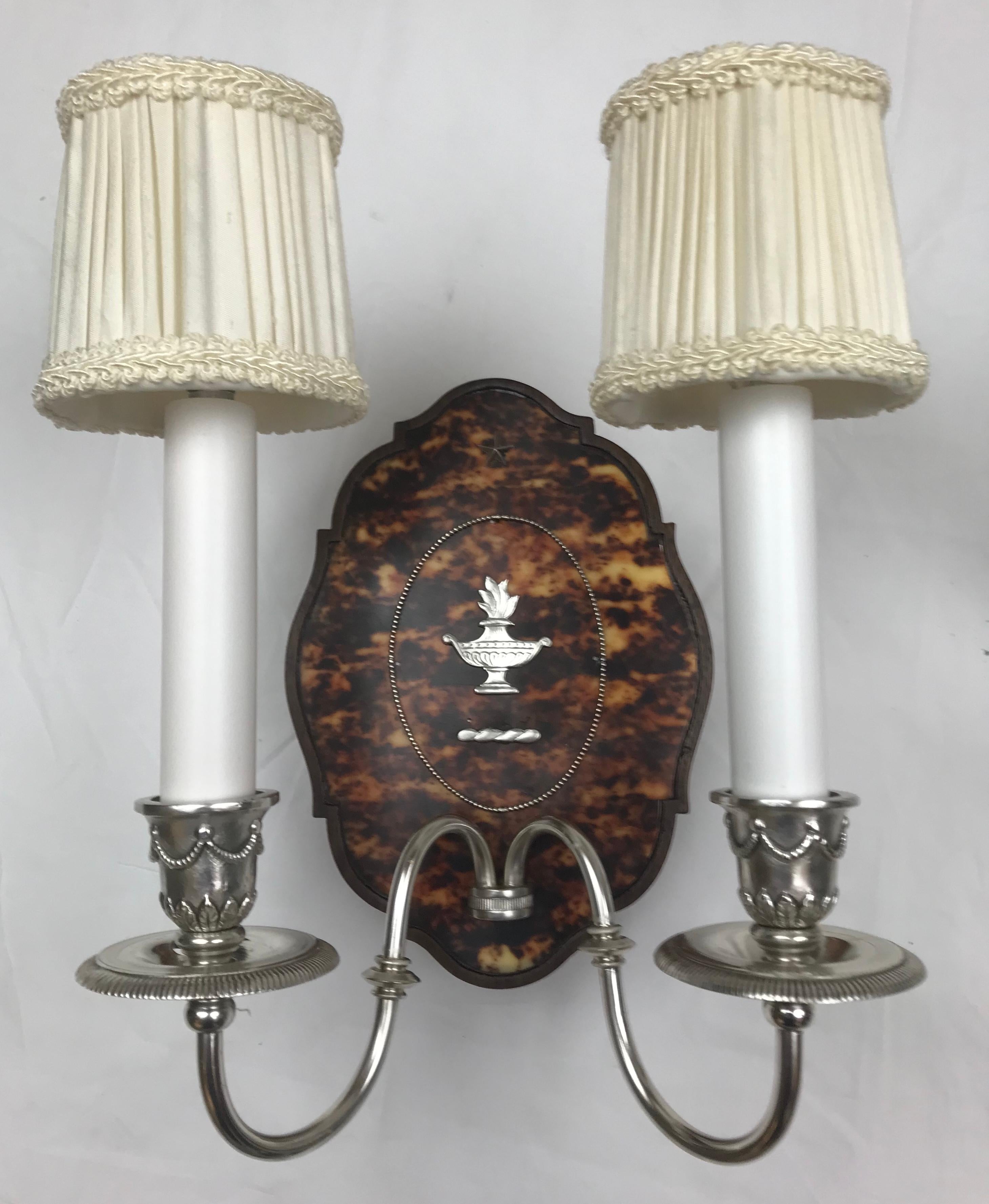 Two Pairs of Adam Style Silver and Tortoise Shell Sconces by Edward F. Caldwell For Sale 4