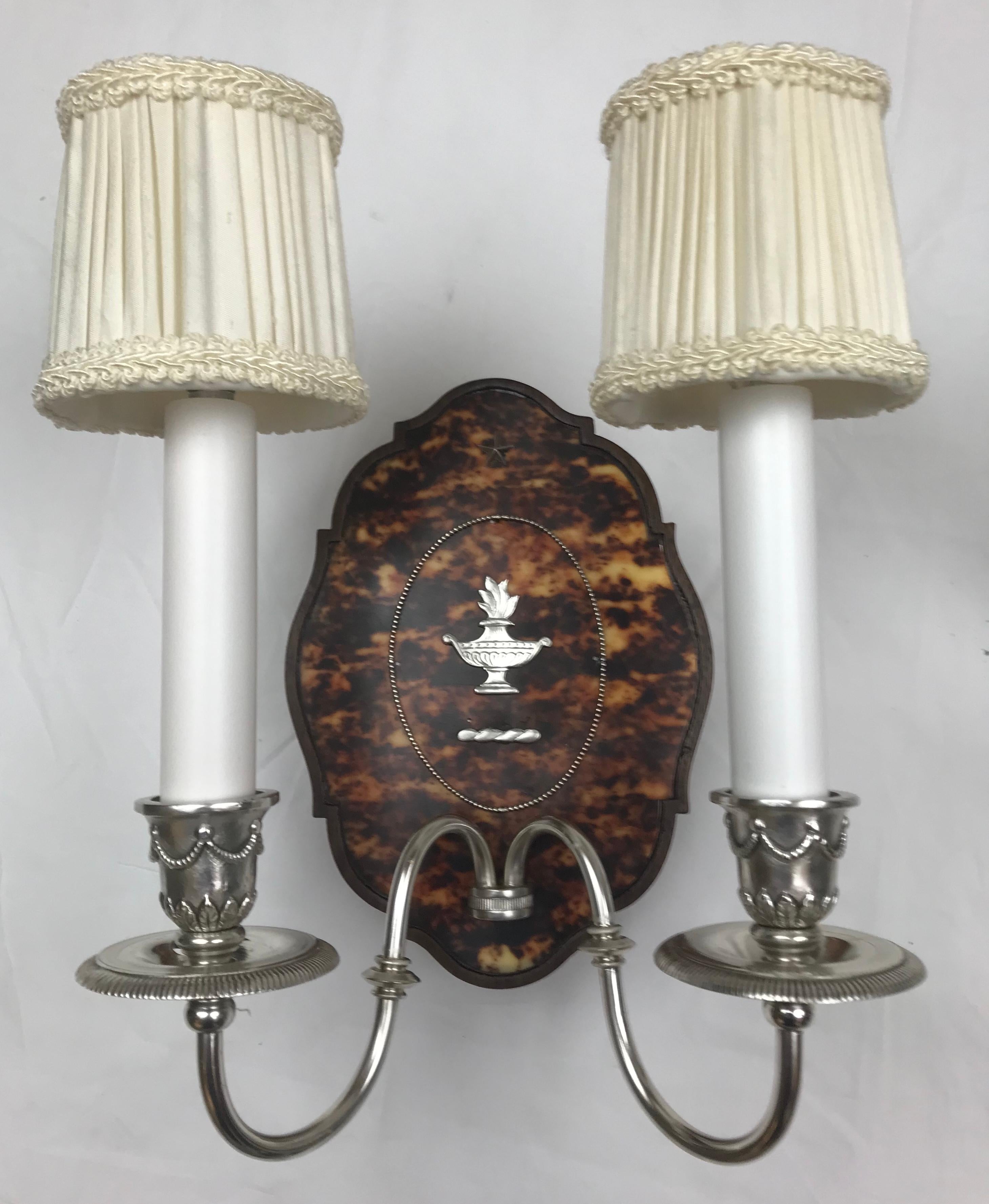 Two Pairs of Adam Style Silver and Tortoise Shell Sconces by Edward F. Caldwell 4