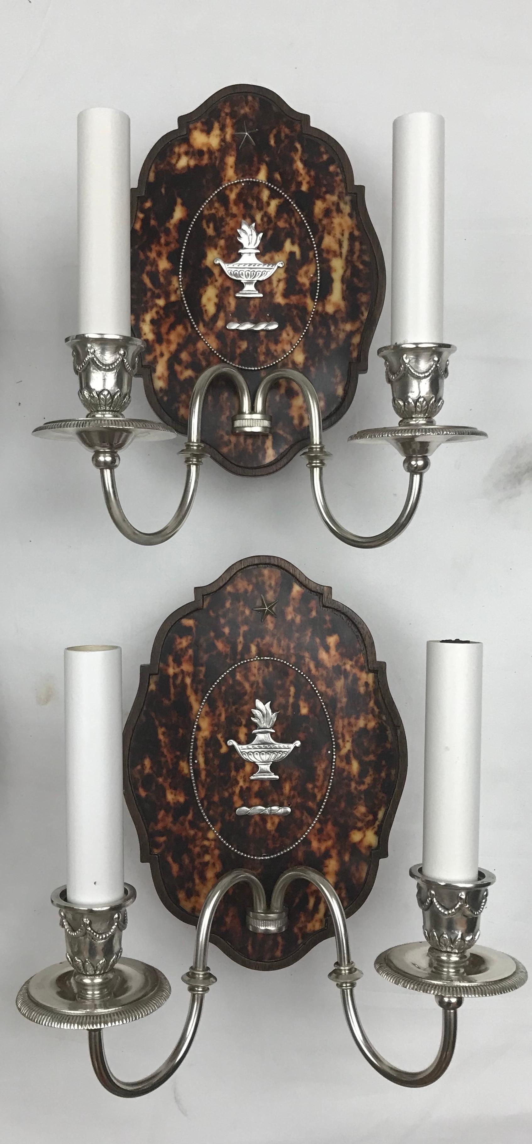 Georgian Two Pairs of Adam Style Silver and Tortoise Shell Sconces by Edward F. Caldwell For Sale